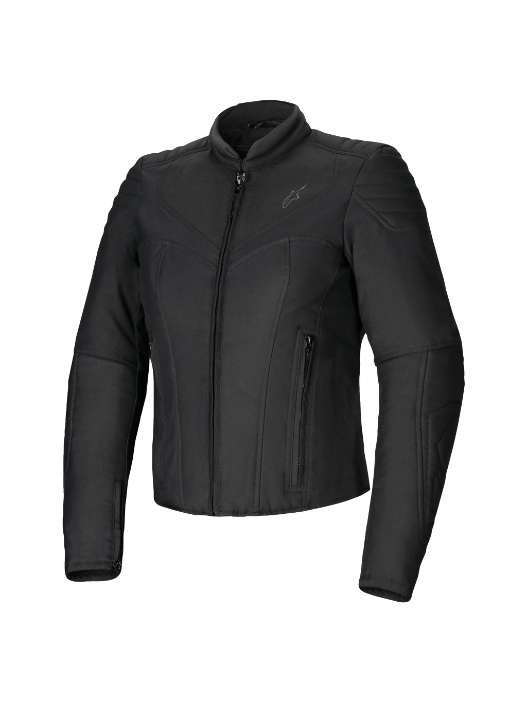 Alpinestars Isla WR, veste de moto pour femme, noire, coupe ajustée en textile, finition mate avec accents matelassés sur les épaules et les avant-bras, fermeture éclair frontale, deux poches zippées, col montant, équipement de moto urbain contemporain