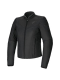 Alpinestars Isla WR, veste de moto pour femme, noire, coupe ajustée en textile, finition mate avec accents matelassés sur les épaules et les avant-bras, fermeture éclair frontale, deux poches zippées, col montant, équipement de moto urbain contemporain