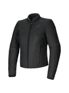 Alpinestars Isla WR, veste de moto pour femme, noire, coupe ajustée en textile, finition mate avec accents matelassés sur les épaules et les avant-bras, fermeture éclair frontale, deux poches zippées, col montant, équipement de moto urbain contemporain