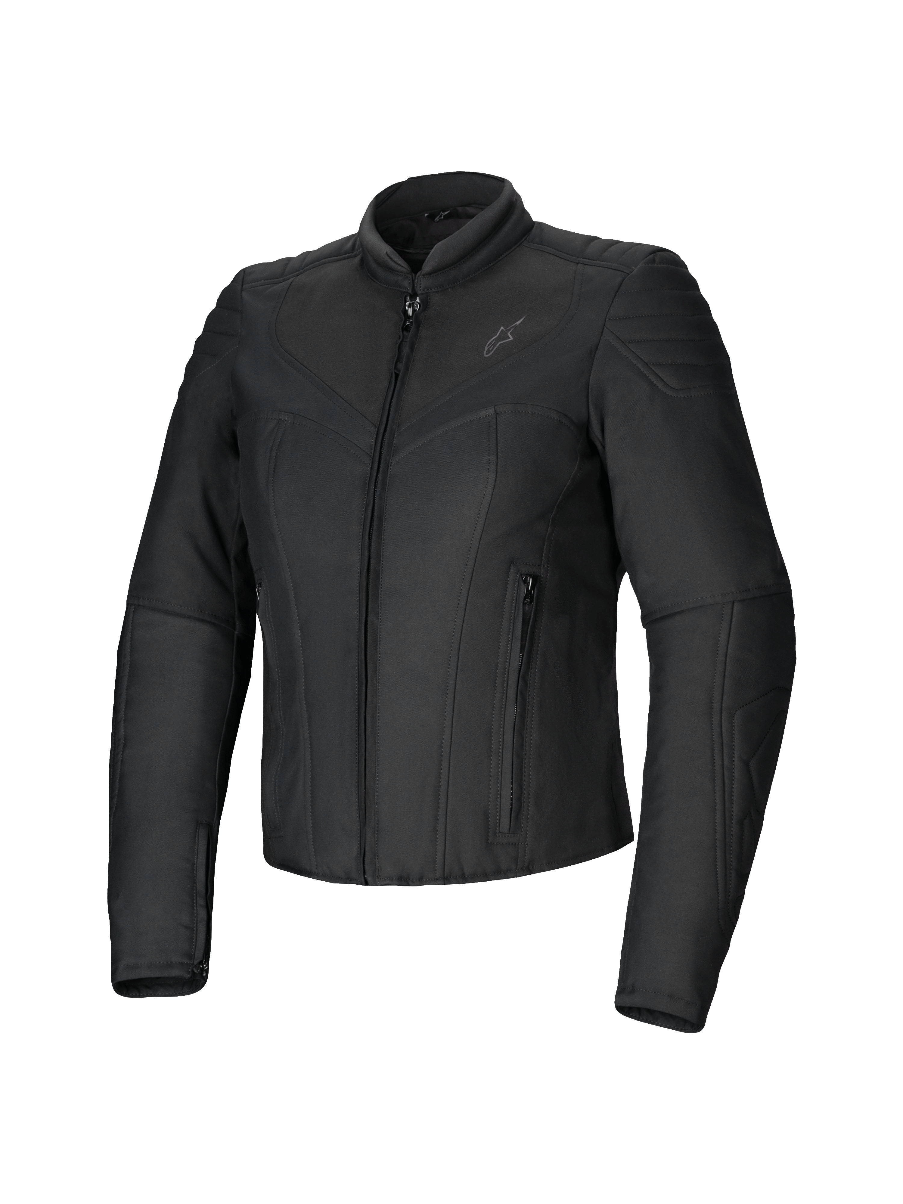 Alpinestars Isla WR, veste de moto pour femme, noire, coupe ajustée en textile, finition mate avec accents matelassés sur les épaules et les avant-bras, fermeture éclair frontale, deux poches zippées, col montant, équipement de moto urbain contemporain