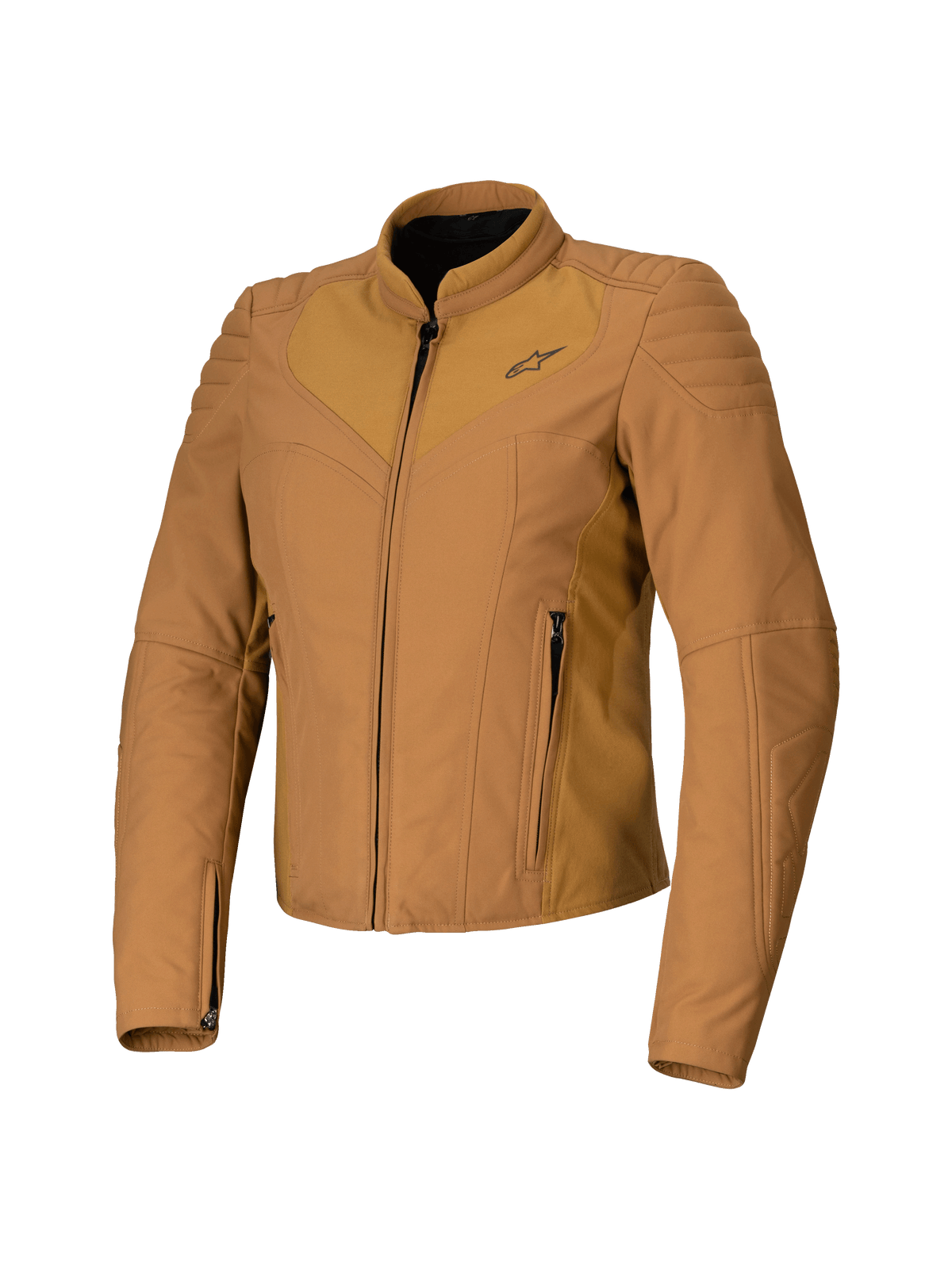 Veste Alpinestars Isla WR pour femme, Marron Utility Gold, veste de moto beige pour femme, coupe ajustée, col motard montant, détails matelassés aux épaules, fermeture éclair frontale avec poches latérales, équipement technique de conduite urbaine