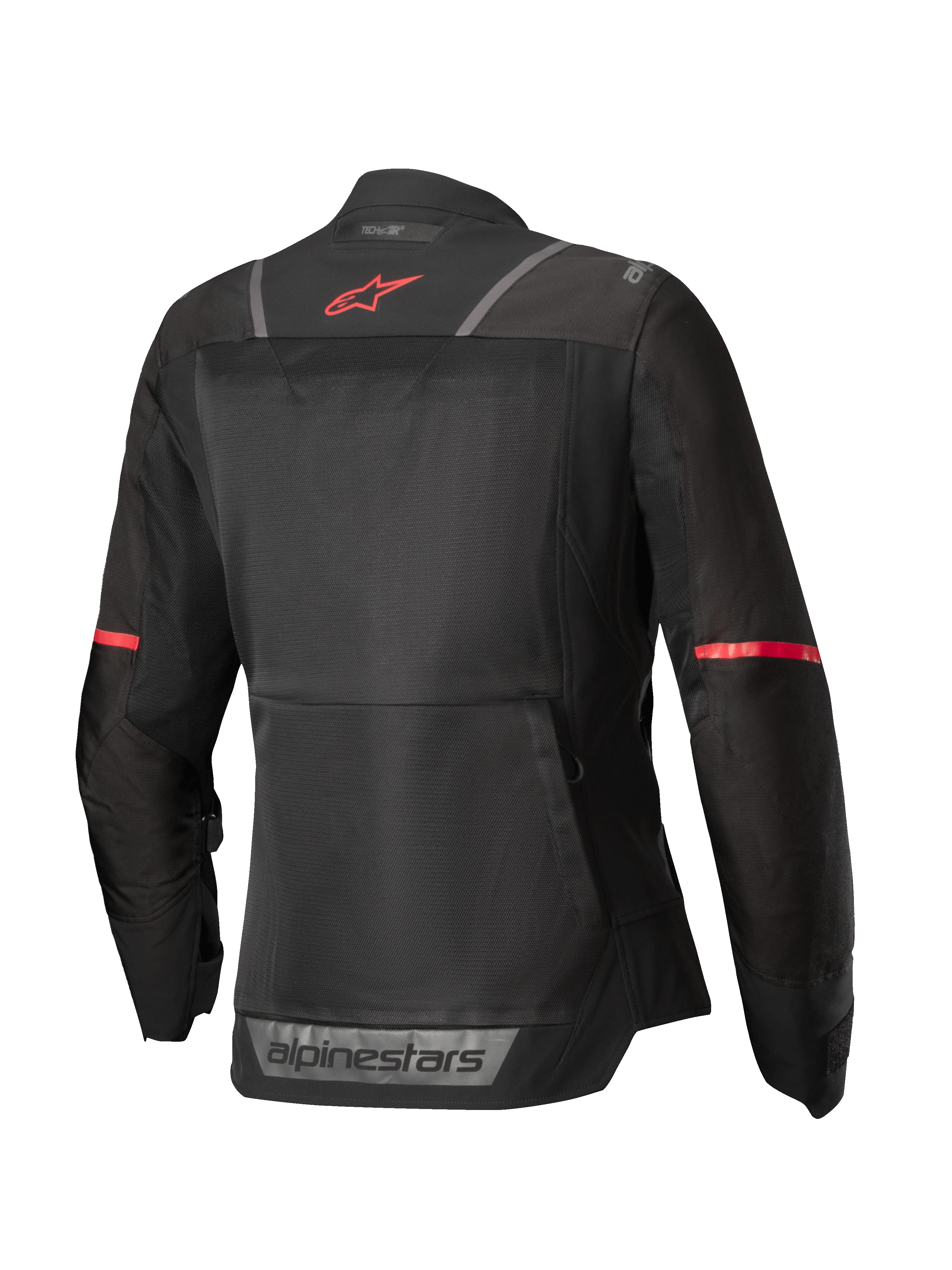 Alpinestars Stella ST-2 Air Jacket, women's motorcycle touring jacket, back view in Black with red accents and reflective details, CE Level AA certified mesh textile construction