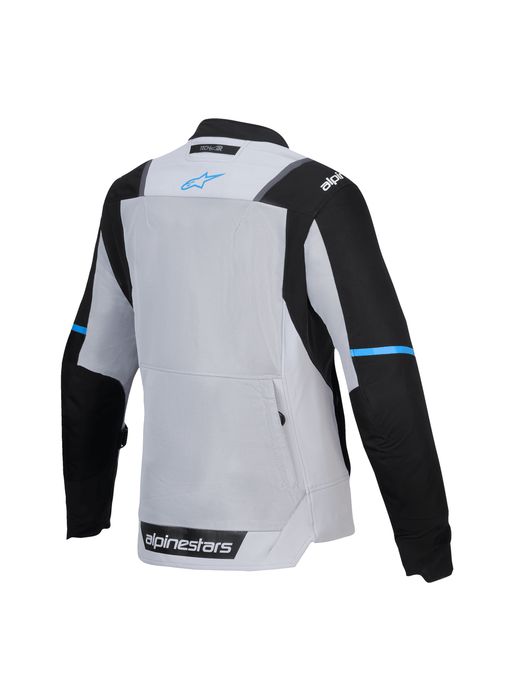 Alpinestars Veste Stella ST-2 Air, veste de moto touring pour femme, vue de dos avec panneau de ventilation en mesh et poche arrière, gris glacier et noire avec logo bleu, certifiée CE niveau AA, compatible Tech-Air