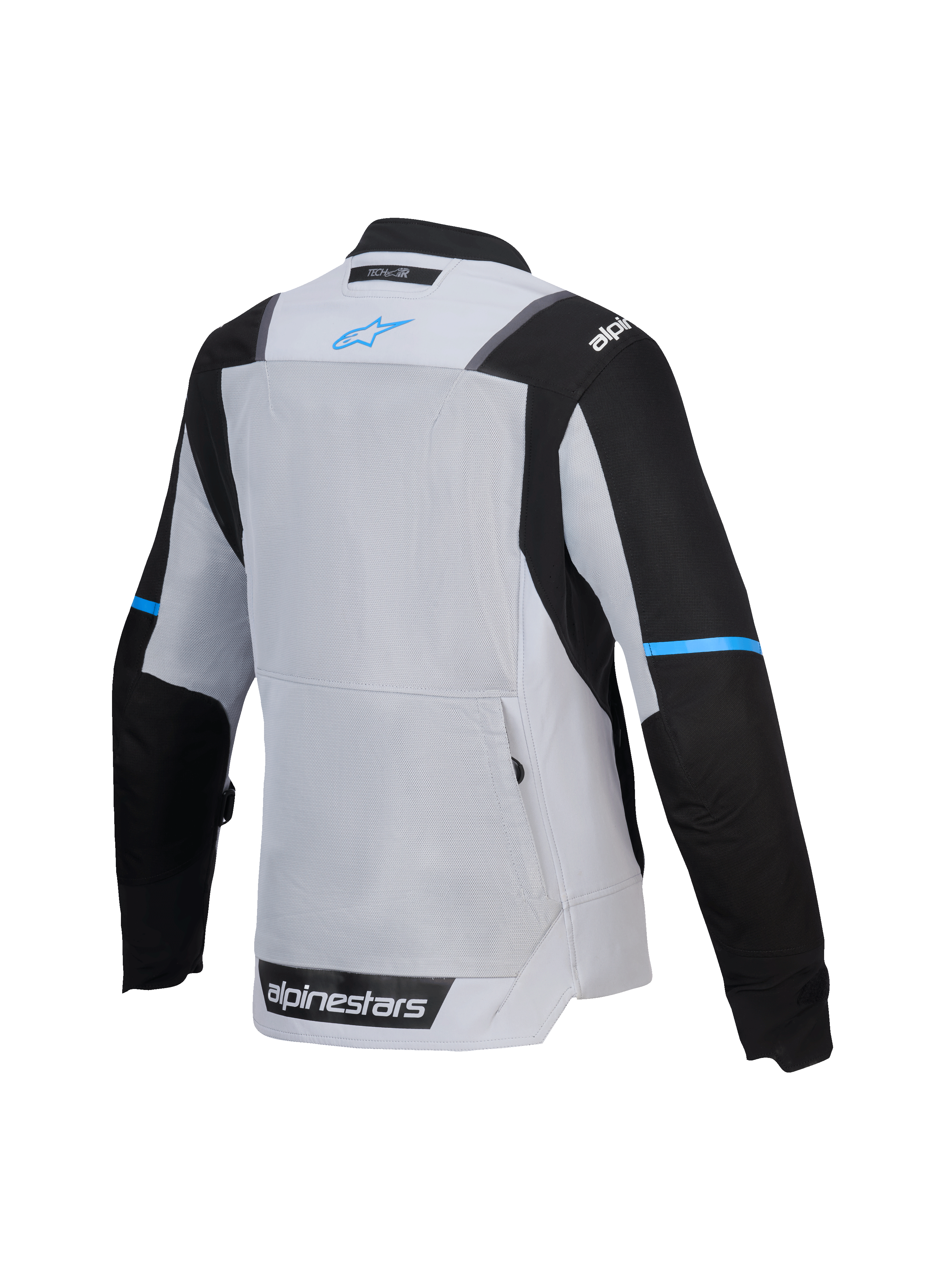Alpinestars Veste Stella ST-2 Air, veste de moto touring pour femme, vue de dos avec panneau de ventilation en mesh et poche arrière, gris glacier et noire avec logo bleu, certifiée CE niveau AA, compatible Tech-Air