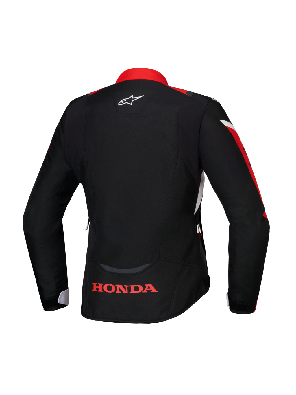 Veste Alpinestars Honda Stella T-Jaws V4 WP, vue arrière, noire avec accents rouge vif et blancs, logo Honda rouge sur le bas du dos et logo Alpinestars blanc sur la nuque, veste textile imperméable de coupe sport pour femme