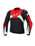 Veste Alpinestars Honda Stella T-Jaws V4 WP pour femme, veste de moto de sport imperméable, noire avec empiècements rouge vif et blancs, avec logos Honda sur les manches et logo Alpinestars blanc sur la poitrine, textile technique et silhouette sportive