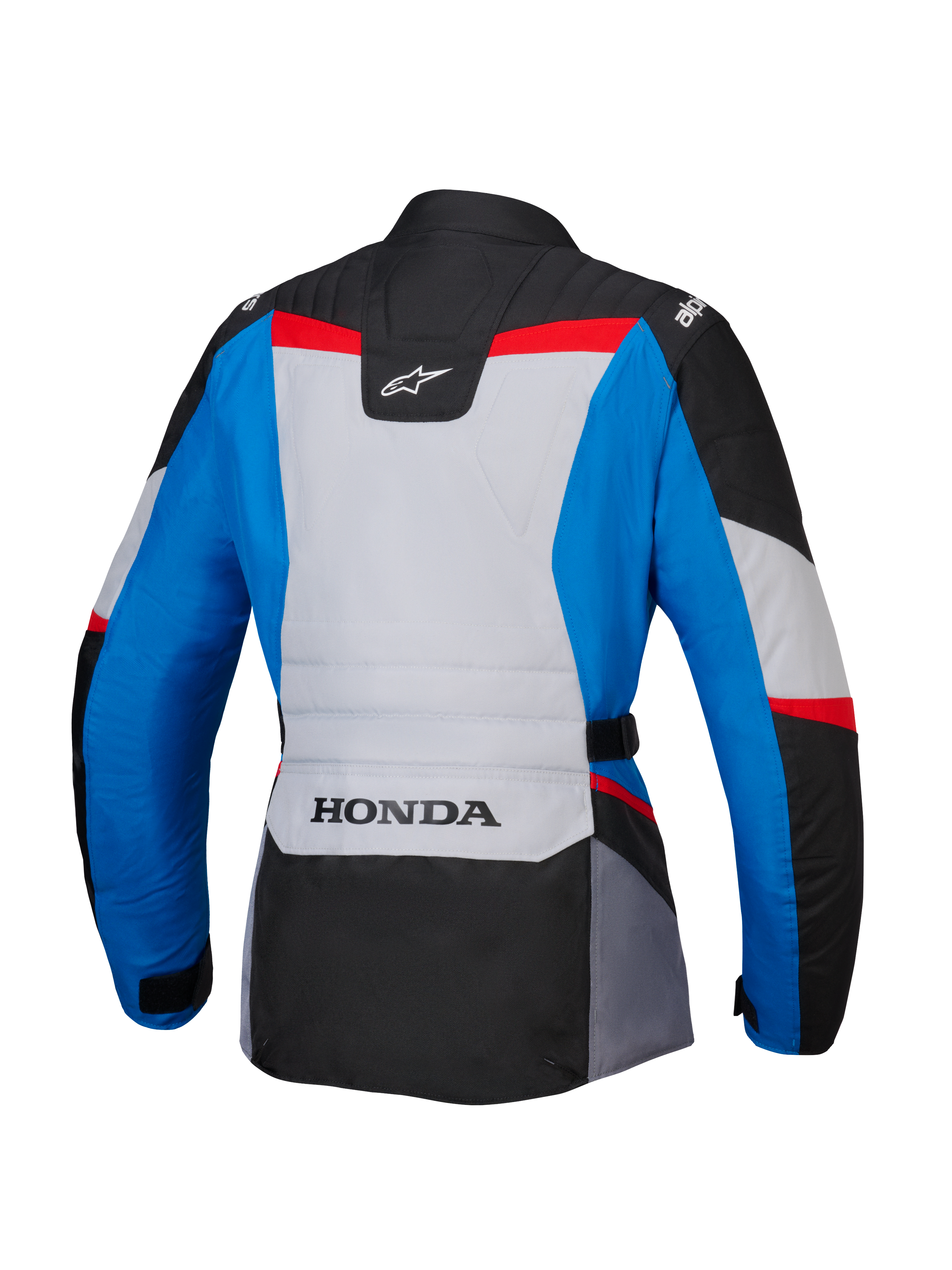 Alpinestars Honda Woman Stella ST-1 WP Jacket, back view, adventure touring motorcycle jacket in blue, ice gray, and black with red accents, featuring HONDA branding on the lower back and Alpinestars logos on the shoulders and upper back.