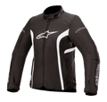 Veste imperméable Alpinestars Stella T-Kira V2, veste de moto en textile pour femme, noir et blanc, avec col haut, fermeture éclair centrale, logo blanc sur la poitrine et bandes blanches incurvées sur les côtés, design sportif pour la route.