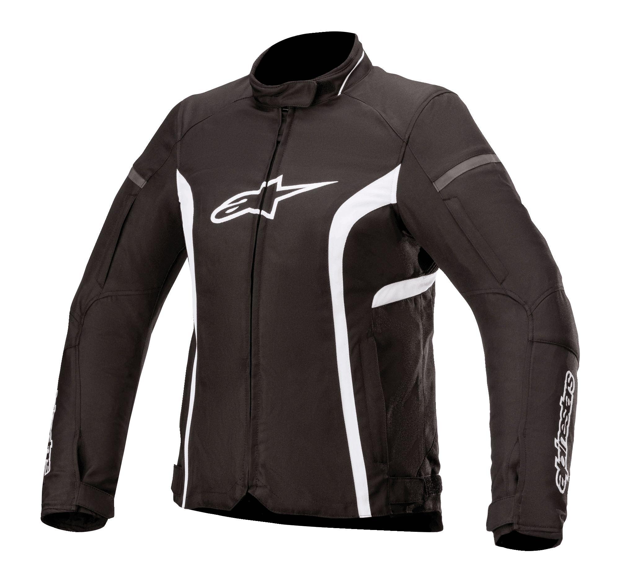 Veste imperméable Alpinestars Stella T-Kira V2, veste de moto en textile pour femme, noir et blanc, avec col haut, fermeture éclair centrale, logo blanc sur la poitrine et bandes blanches incurvées sur les côtés, design sportif pour la route.