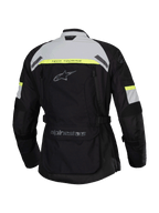 Veste Alpinestars Stella Bogota' Pro Drystar®, vue arrière, noir avec des accents gris glace et jaune fluo, veste de moto d'aventure touring pour femme avec marquage Tech Touring et une grande poche utilitaire au bas du dos