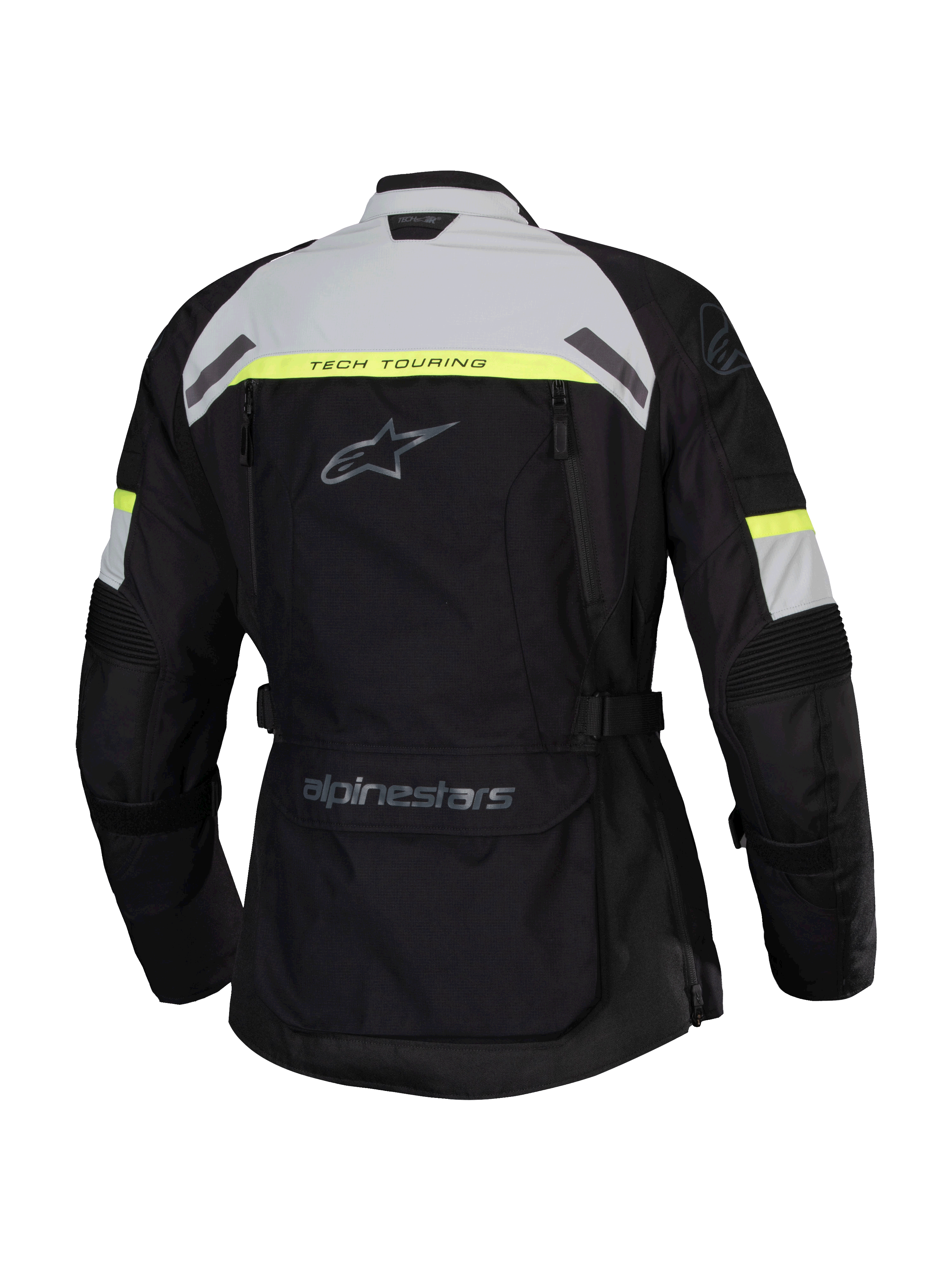 Veste Alpinestars Stella Bogota' Pro Drystar®, vue arrière, noir avec des accents gris glace et jaune fluo, veste de moto d'aventure touring pour femme avec marquage Tech Touring et une grande poche utilitaire au bas du dos