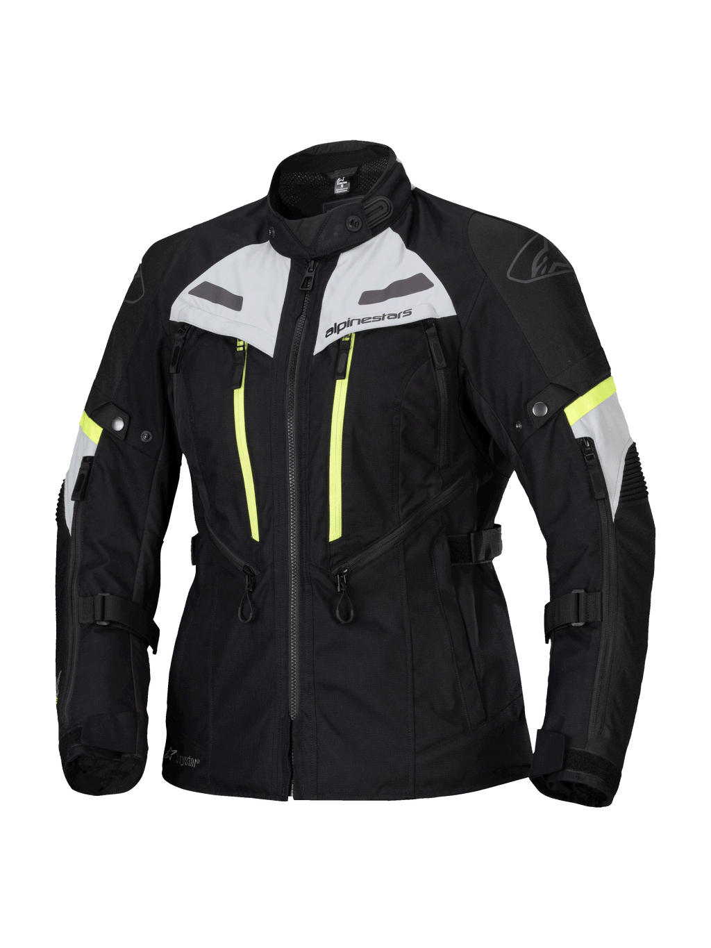 Veste Alpinestars Stella Bogota Pro Drystar, veste de moto touring pour femme, noire avec détails gris glace et jaune fluo, construction textile imperméable et respirante, avec larges zips de ventilation et sangles de réglage pour le touring d'aventure