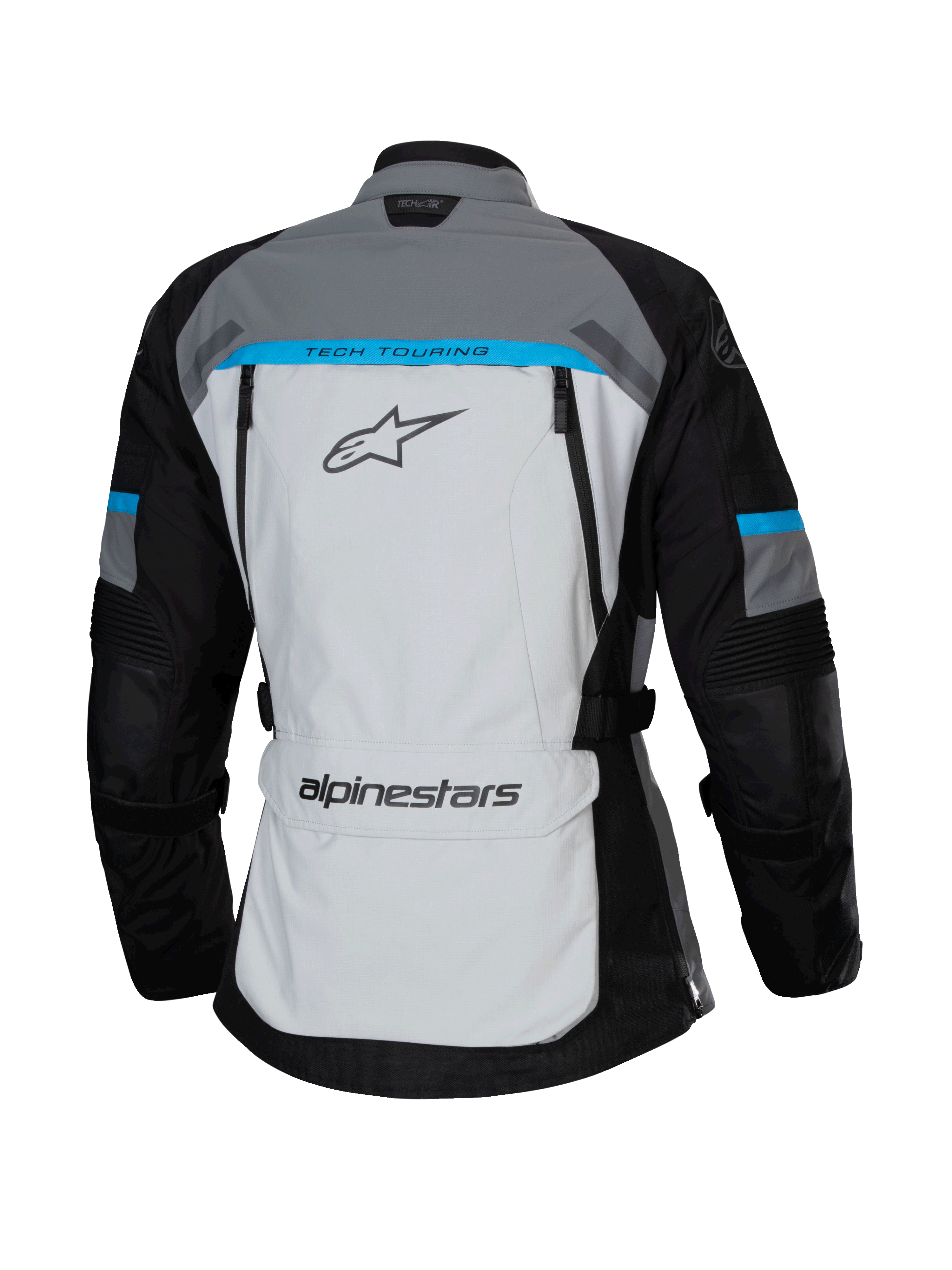 Veste Alpinestars Stella Bogotá Pro Drystar®, gris, noir et cyan, vue arrière présentant un large panneau gris clair avec le marquage « TECH TOURING », manches noires avec accents cyan et poche de rangement dans le bas du dos.