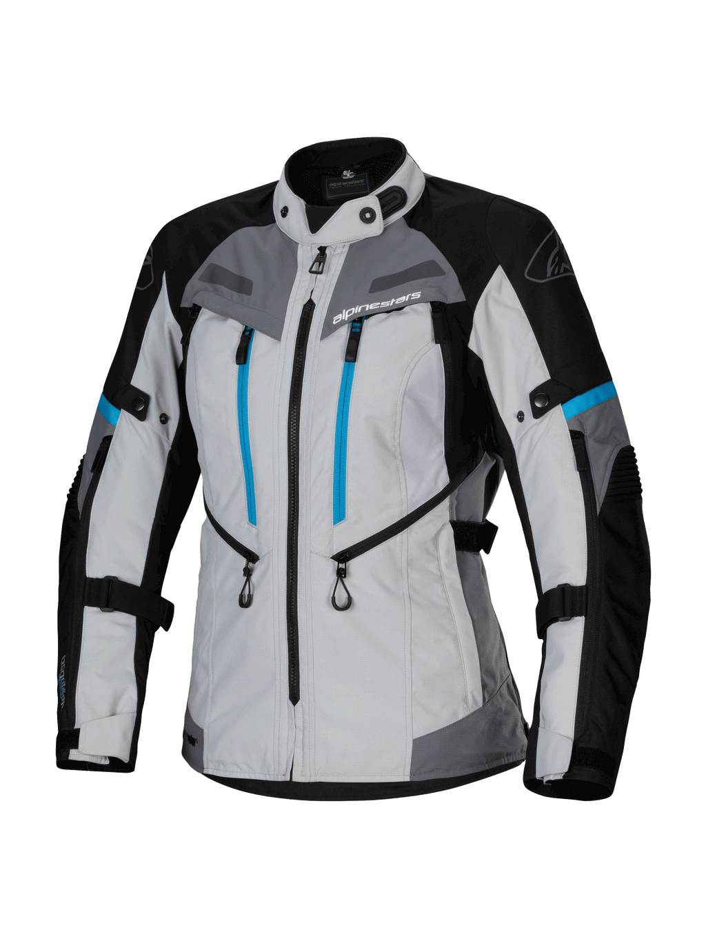 Alpinestars Stella Bogota' Pro Drystar® Jacket, veste d'aventure touring pour femme, gris glacé, noir et cyan, avec membrane imperméable Drystar®, deux fermetures éclair verticales bleues sur la poitrine, sangles de réglage aux bras et à la taille, et panneaux de protection renforcés