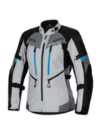 Alpinestars Stella Bogota' Pro Drystar® Jacket, veste d'aventure touring pour femme, gris glacé, noir et cyan, avec membrane imperméable Drystar®, deux fermetures éclair verticales bleues sur la poitrine, sangles de réglage aux bras et à la taille, et panneaux de protection renforcés