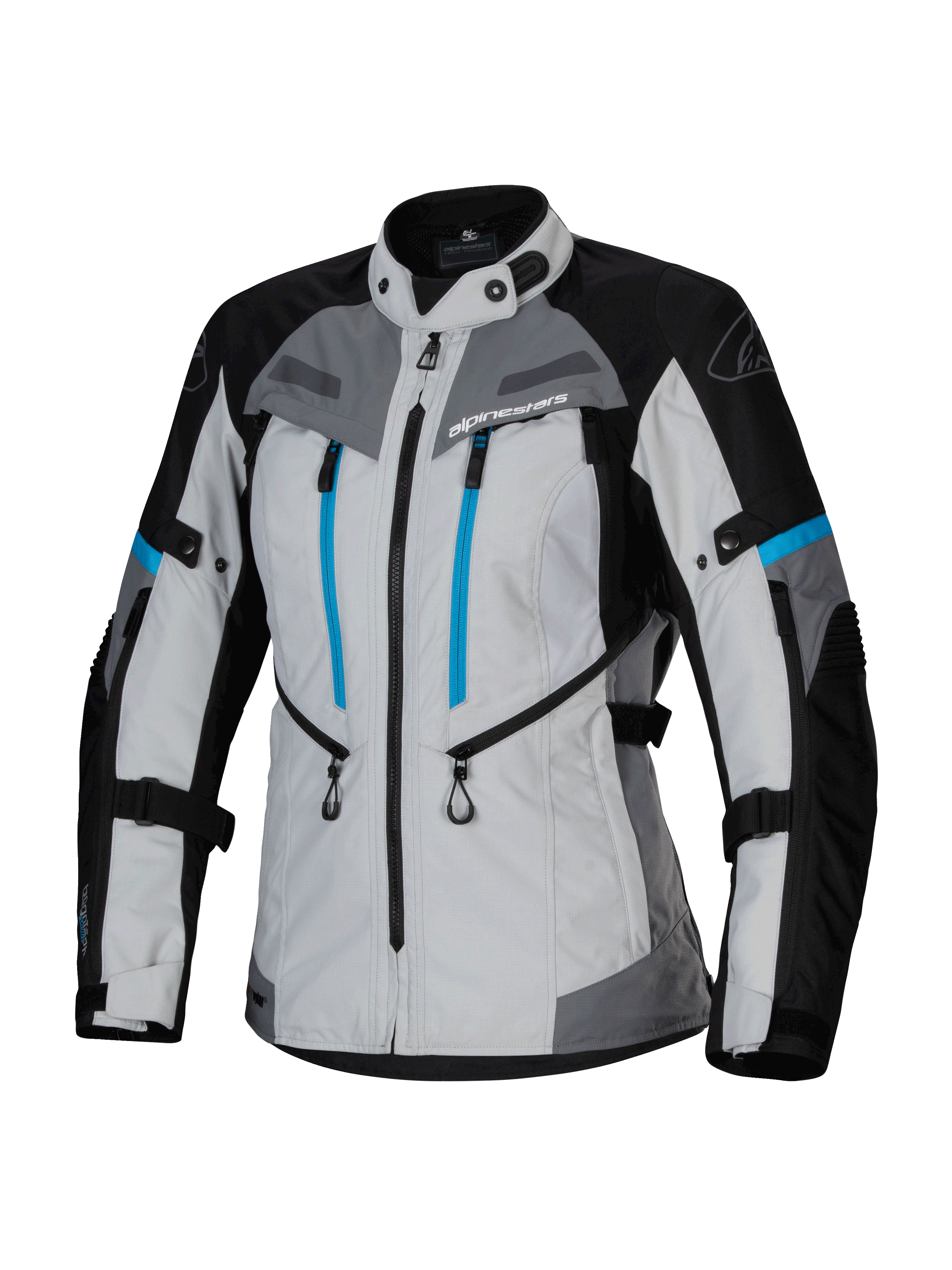 Alpinestars Stella Bogota' Pro Drystar® Jacket, veste d'aventure touring pour femme, gris glacé, noir et cyan, avec membrane imperméable Drystar®, deux fermetures éclair verticales bleues sur la poitrine, sangles de réglage aux bras et à la taille, et panneaux de protection renforcés