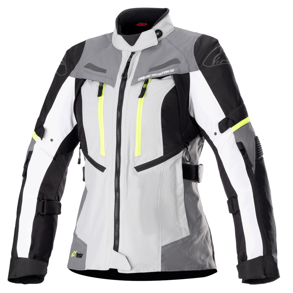 Veste Alpinestars Stella Bogota Pro Drystar pour femme, veste de moto touring, gris glace et gris foncé avec accents blancs et jaune fluo, construction en textile imperméable avec sangles réglables et fermetures éclair de ventilation, vue de face sur fond blanc