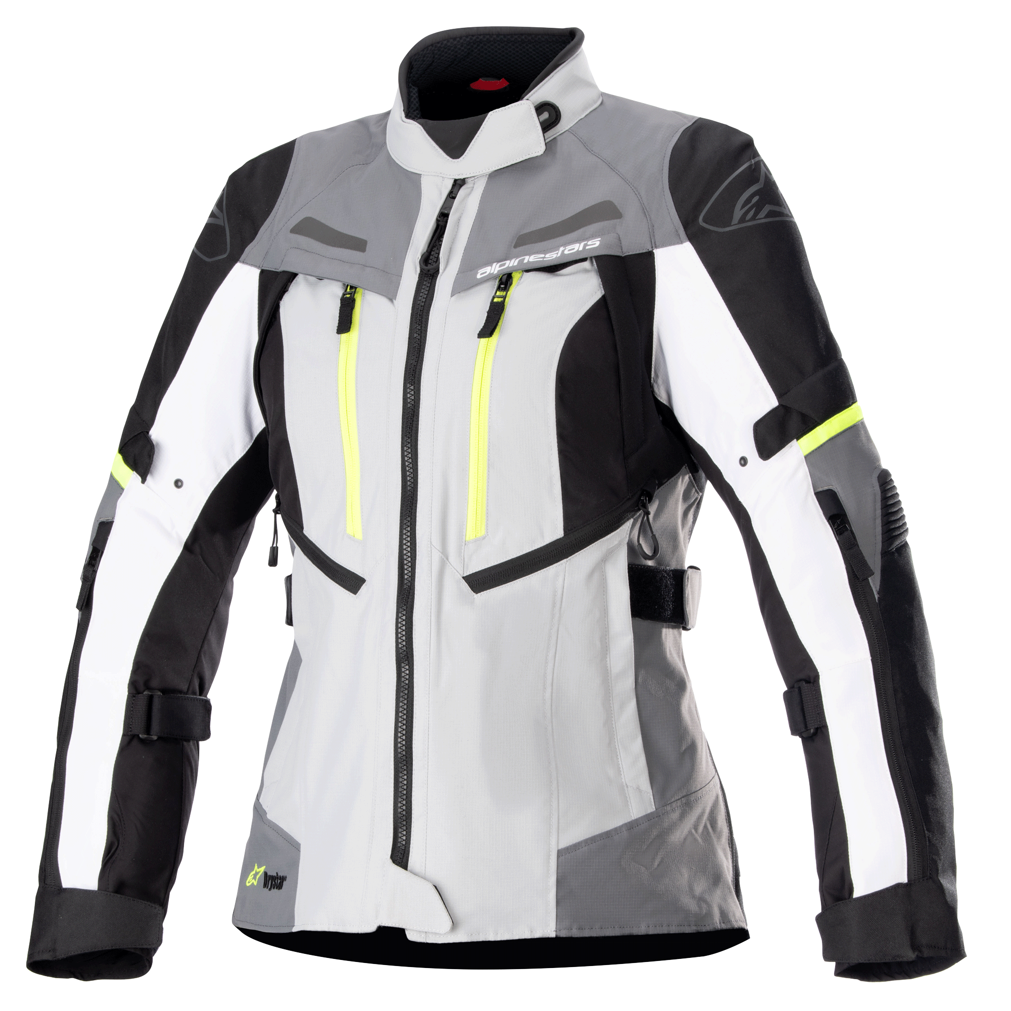 Veste Alpinestars Stella Bogota Pro Drystar pour femme, veste de moto touring, gris glace et gris foncé avec accents blancs et jaune fluo, construction en textile imperméable avec sangles réglables et fermetures éclair de ventilation, vue de face sur fond blanc