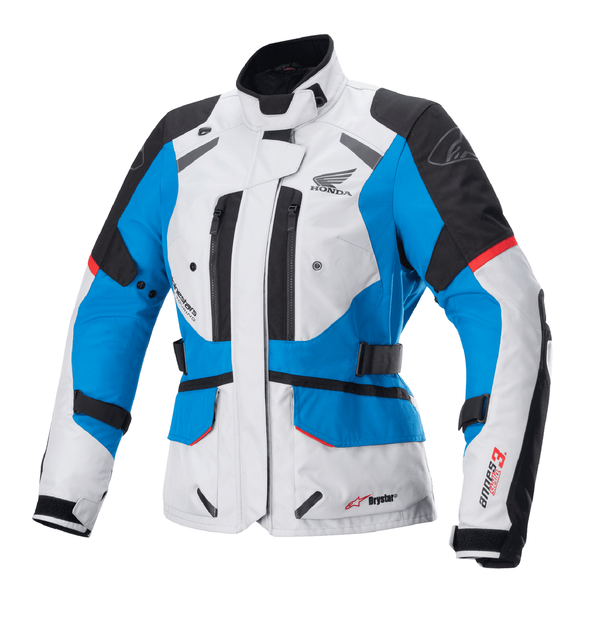 Veste Alpinestars Stella Honda Andes V3 Drystar pour femme, veste de moto touring, gris glacé, bleu et rouge vif, construction textile imperméable avec logo Honda wing, ventilations zippées et sangles de réglage à la taille