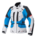 Alpinestars Women's Stella Honda Andes V3 Drystar Jacket, Motorcycle Touring Jacket, Ice Gray Blue and Bright Red, textile waterproof construction featuring Honda wing logo, zippered vents, and adjustable waist straps