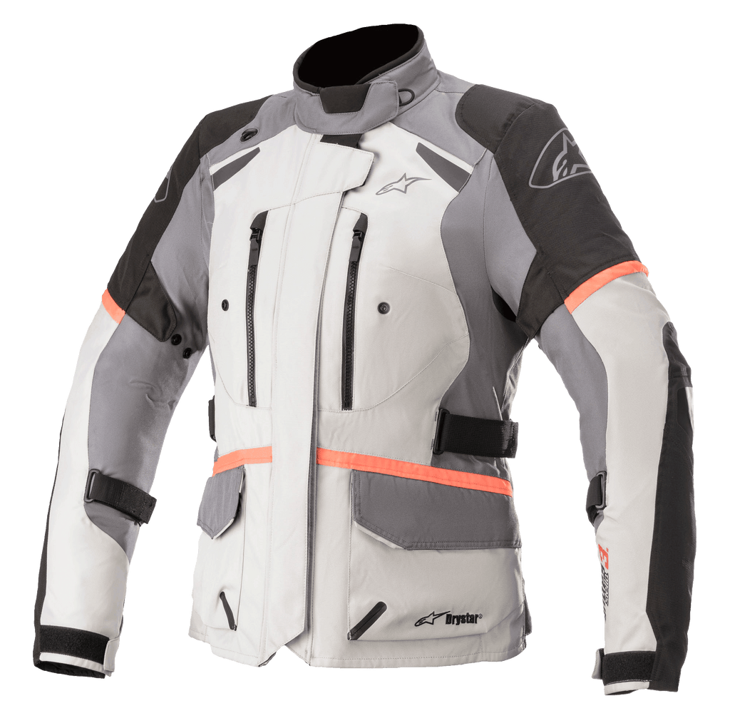Alpinestars Women Stella Andes V3 Drystar Jacket, Motorcycle Touring Jacket, Ice Gray with Dark Gray and Black panels, bright Coral accents, featuring zippered chest vents, large flap pockets, and adjustable waist straps, technical textile construction for all-weather adventure riding