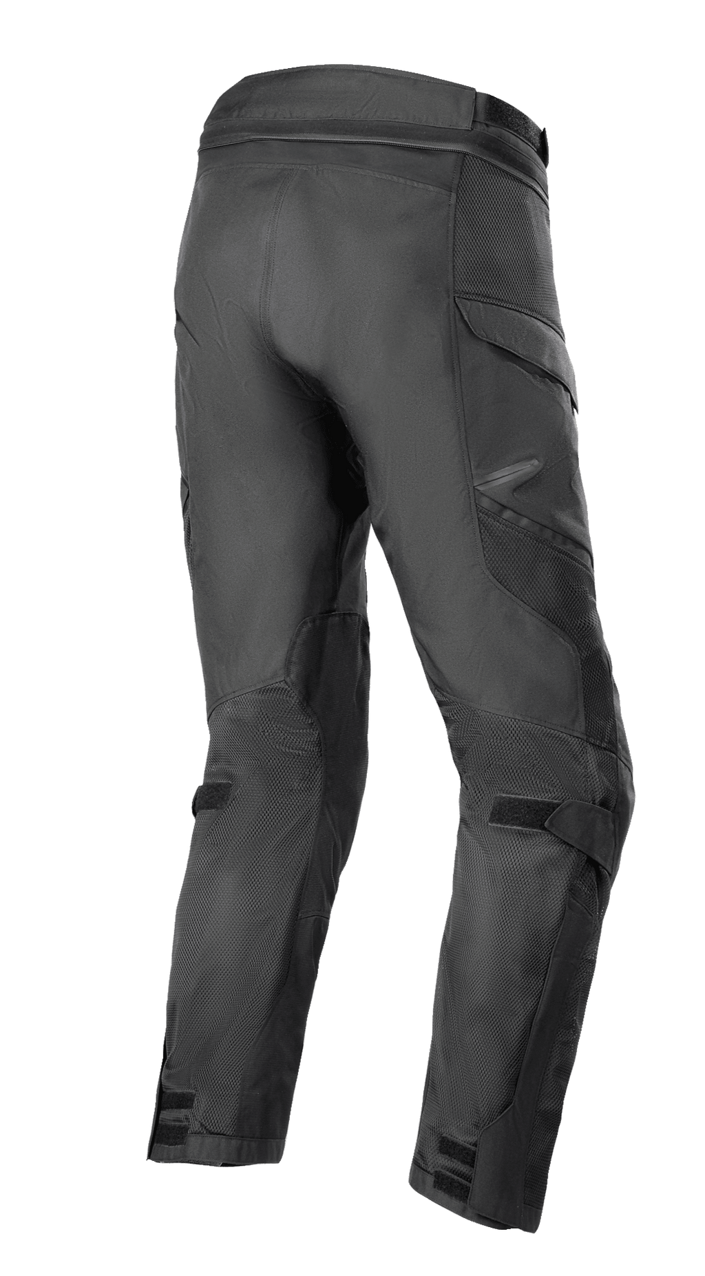 Pantalon Alpinestars Andes Air Drystar® - Longueur Courte, pantalon d'aventure touring, noir, vue arrière de trois-quarts montrant des panneaux en maillage 2D étendus pour le flux d'air, jambes pré-courbées et sangles de réglage aux genoux et aux chevilles.