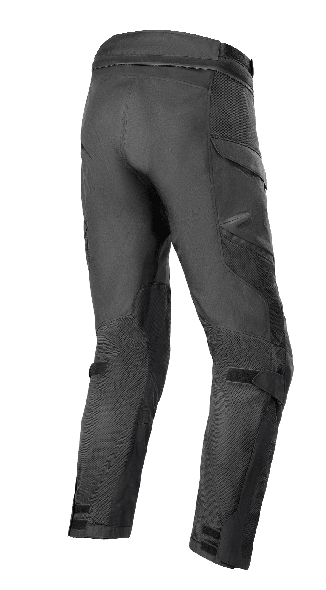 Pantalon Alpinestars Andes Air Drystar® - Longueur Courte, pantalon d'aventure touring, noir, vue arrière de trois-quarts montrant des panneaux en maillage 2D étendus pour le flux d'air, jambes pré-courbées et sangles de réglage aux genoux et aux chevilles.