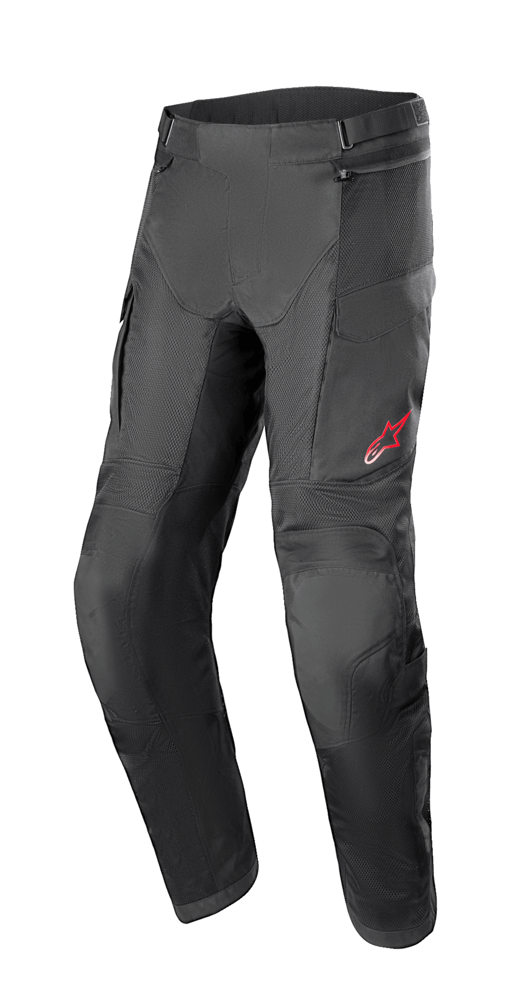 Alpinestars Andes Air Drystar Pant - Longueur Courte, pantalon de moto touring noir, panneaux de ventilation en mesh, protection renforcée aux genoux, poches cargo, petit logo rouge sur la cuisse gauche, sangles de taille ajustables