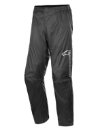 Alpinestars Hurricane Rain V2 Pant, Waterproof Motorcycle Rain Pants, Black, featuring reflective branding on the left thigh, elasticated waistband, ergonomic knee design, and shiny wind-resistant laminated fabric for road and adventure touring