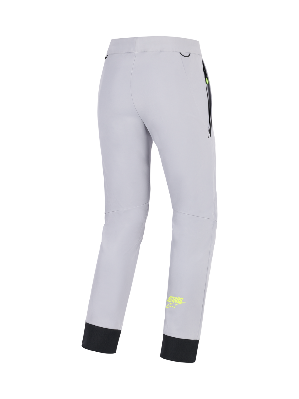 Alpinestars Pantalon Aeroshell, pantalon de moto softshell pour homme, gris moyen et jaune fluo, vue de dos montrant la construction stretch, l'ourlet inférieur élastique et les détails de poches
