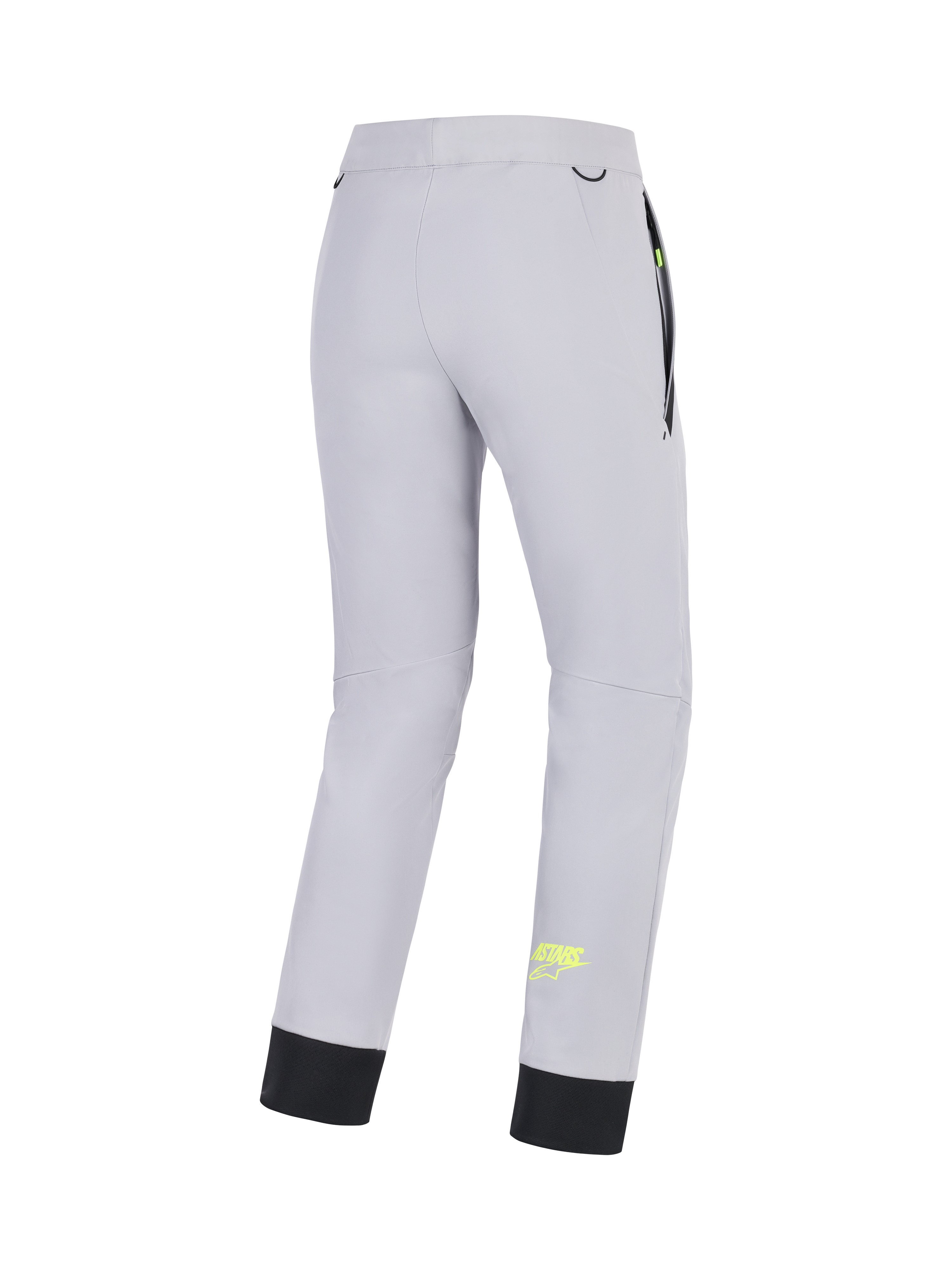 Alpinestars Pantalon Aeroshell, pantalon de moto softshell pour homme, gris moyen et jaune fluo, vue de dos montrant la construction stretch, l'ourlet inférieur élastique et les détails de poches
