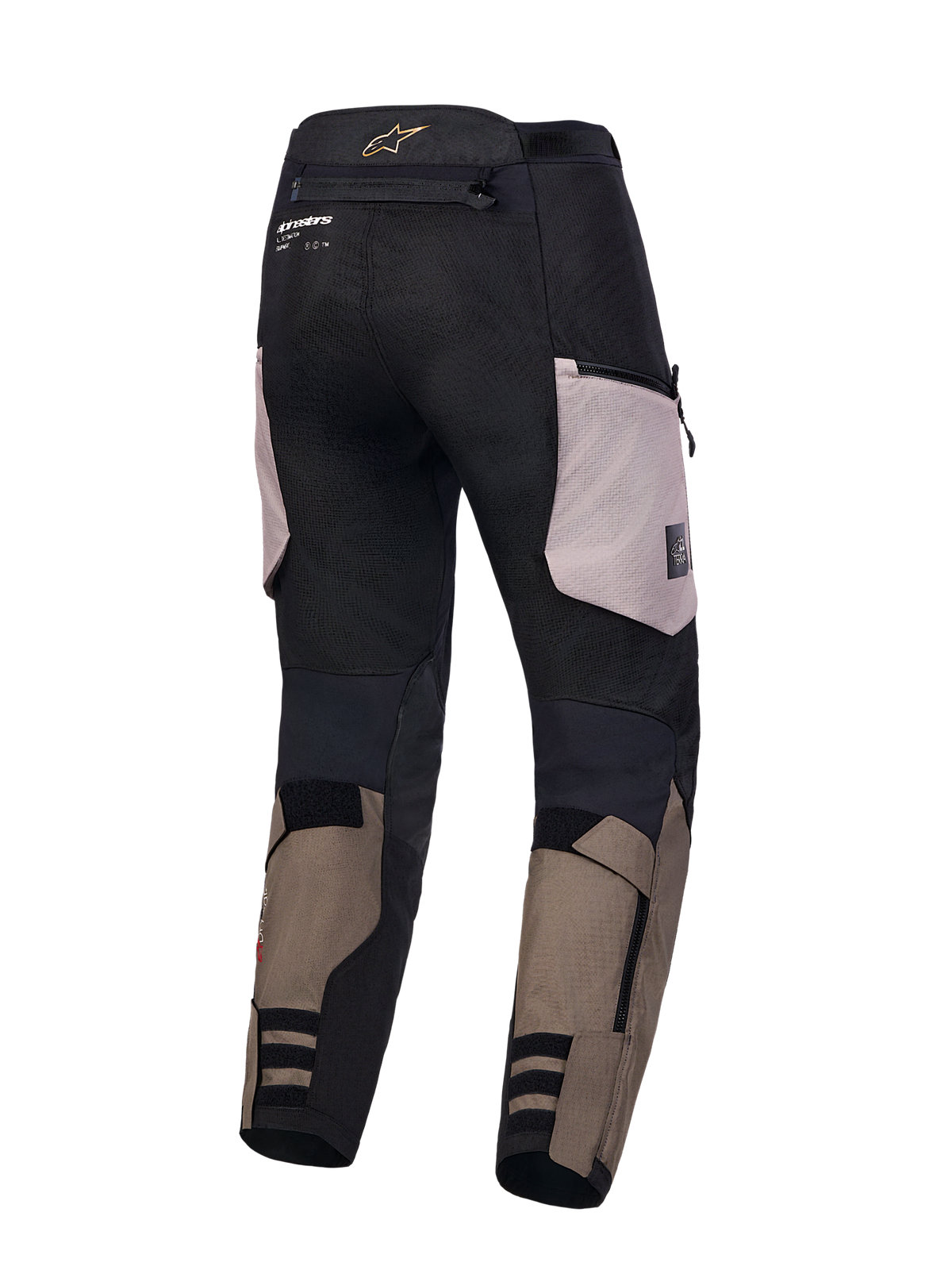Alpinestars Harok V2 Drystar Pants, Adventure Motorcycle Pants, Aluminum, Walnut, and Black, rear view showing waterproof ripstop construction and multi-functional pockets