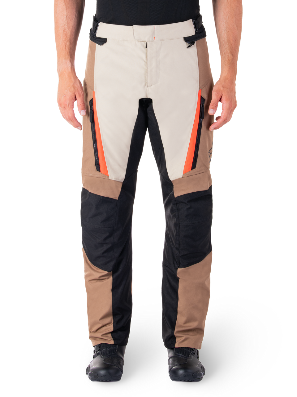 Alpinestars ST-1 Waterproof Pants, Motorcycle Touring Pants, Sand and Dark Khaki with Black panels and Red Fluo orange accents, featuring zippered front pockets and reinforced knees, textile adventure gear for all-weather riding