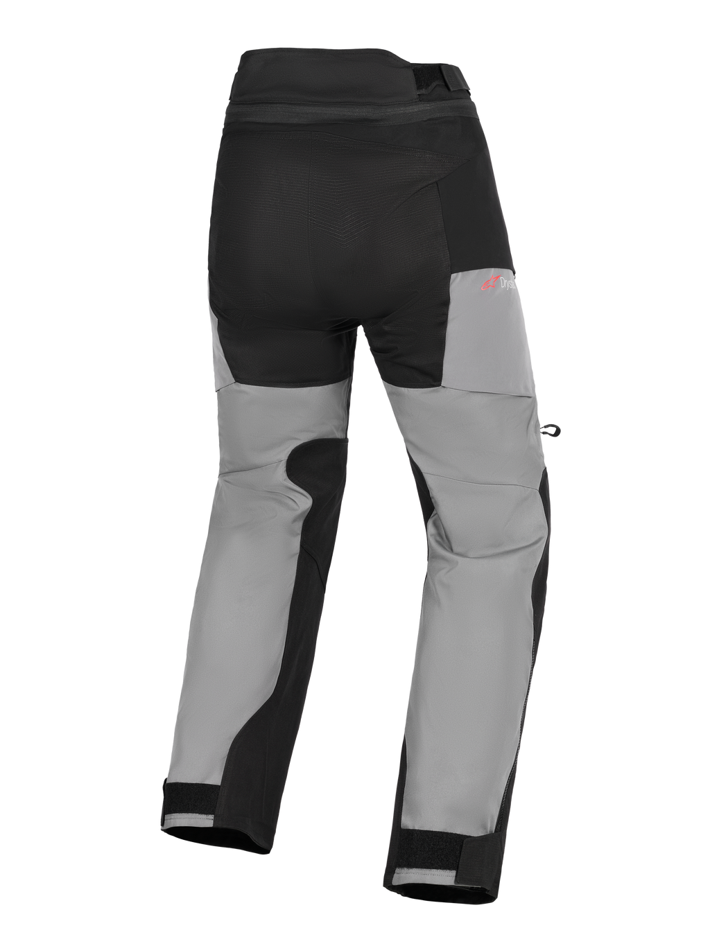 Pantalon Alpinestars Andes V4 Drystar®, pantalon de moto aventure, noir et gris foncé, vue arrière avec panneaux d'assise renforcés, logo Drystar rouge sur la hanche et fermetures de chevilles réglables par velcro.