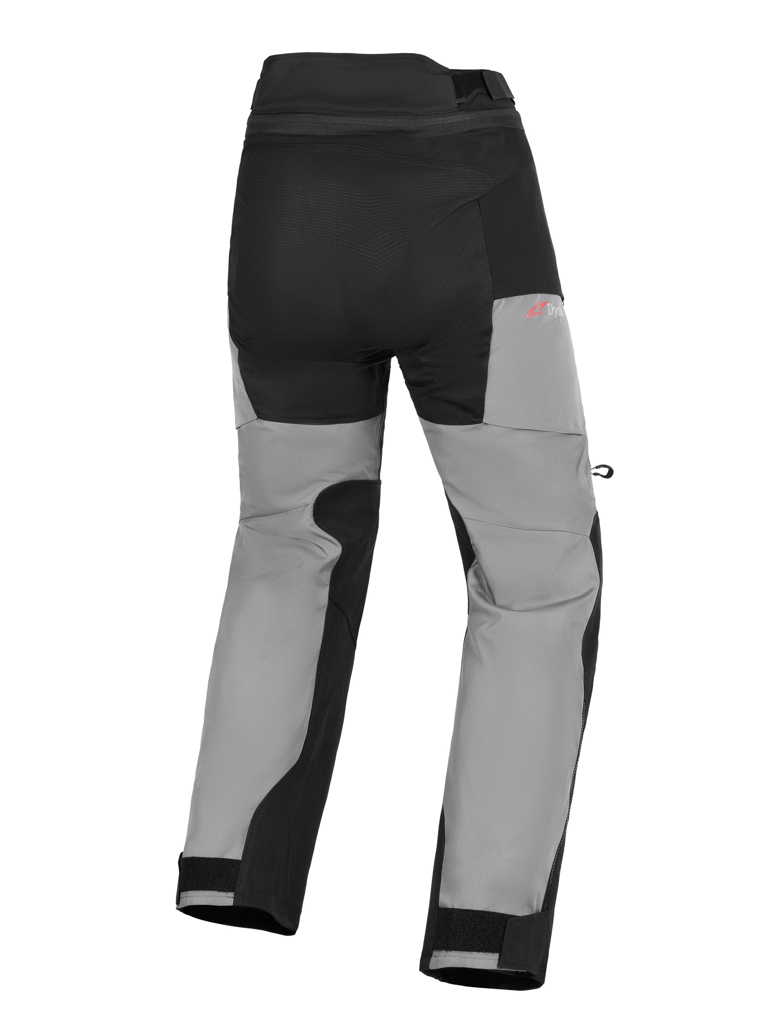 Pantalon Alpinestars Andes V4 Drystar®, pantalon de moto aventure, noir et gris foncé, vue arrière avec panneaux d'assise renforcés, logo Drystar rouge sur la hanche et fermetures de chevilles réglables par velcro.