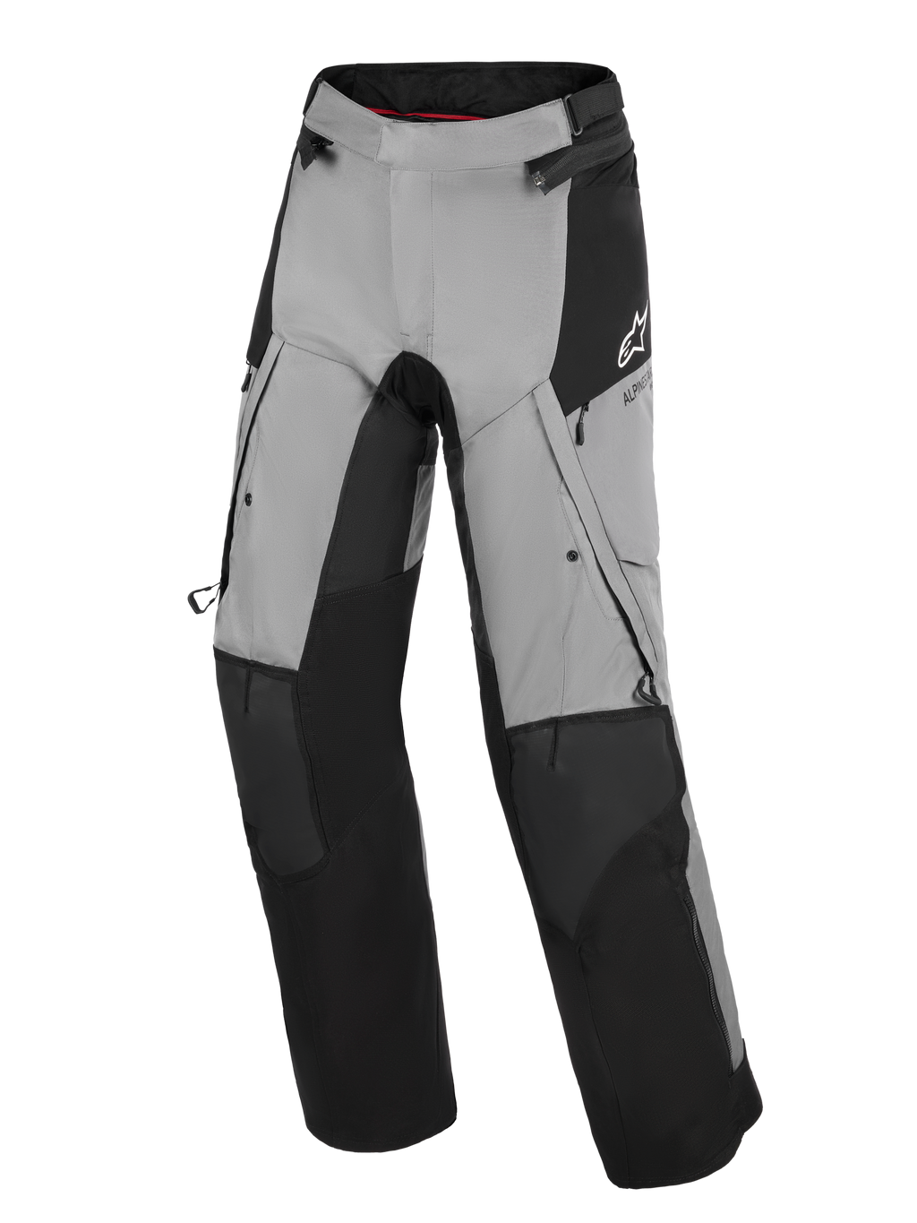 Pantalon Alpinestars Andes V4 Drystar®, pantalon de moto d'aventure, noir et gris foncé, avec panneaux de renfort noirs aux genoux et aux tibias, aérations zippées sur les cuisses et poches cargo, logo Alpinestars blanc sur la hanche, conçu pour la route et l'aventure par tous les temps