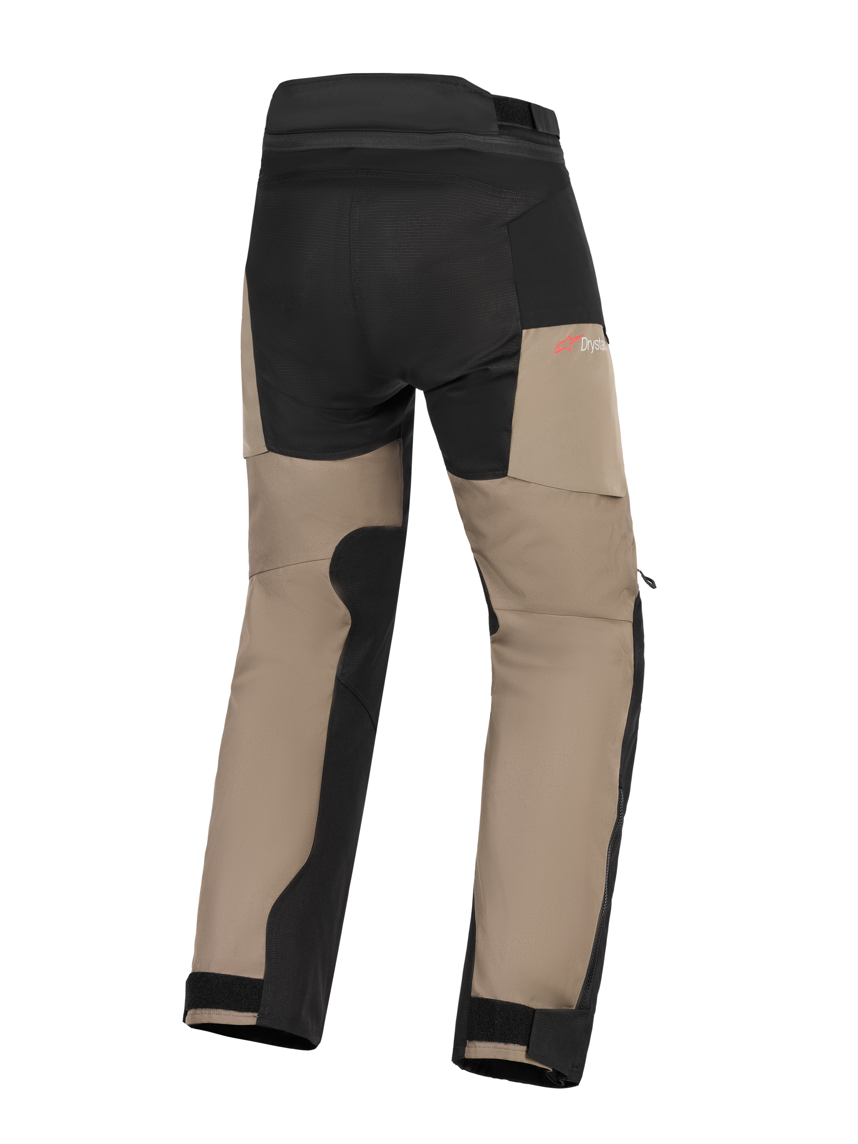 Alpinestars Andes V4 Drystar® Pants, pantalon de moto aventure, noyer et noir, vue arrière présentant un fessier renforcé et des empiècements à l'intérieur des jambes, le logo Drystar rouge et des chevilles ajustables.