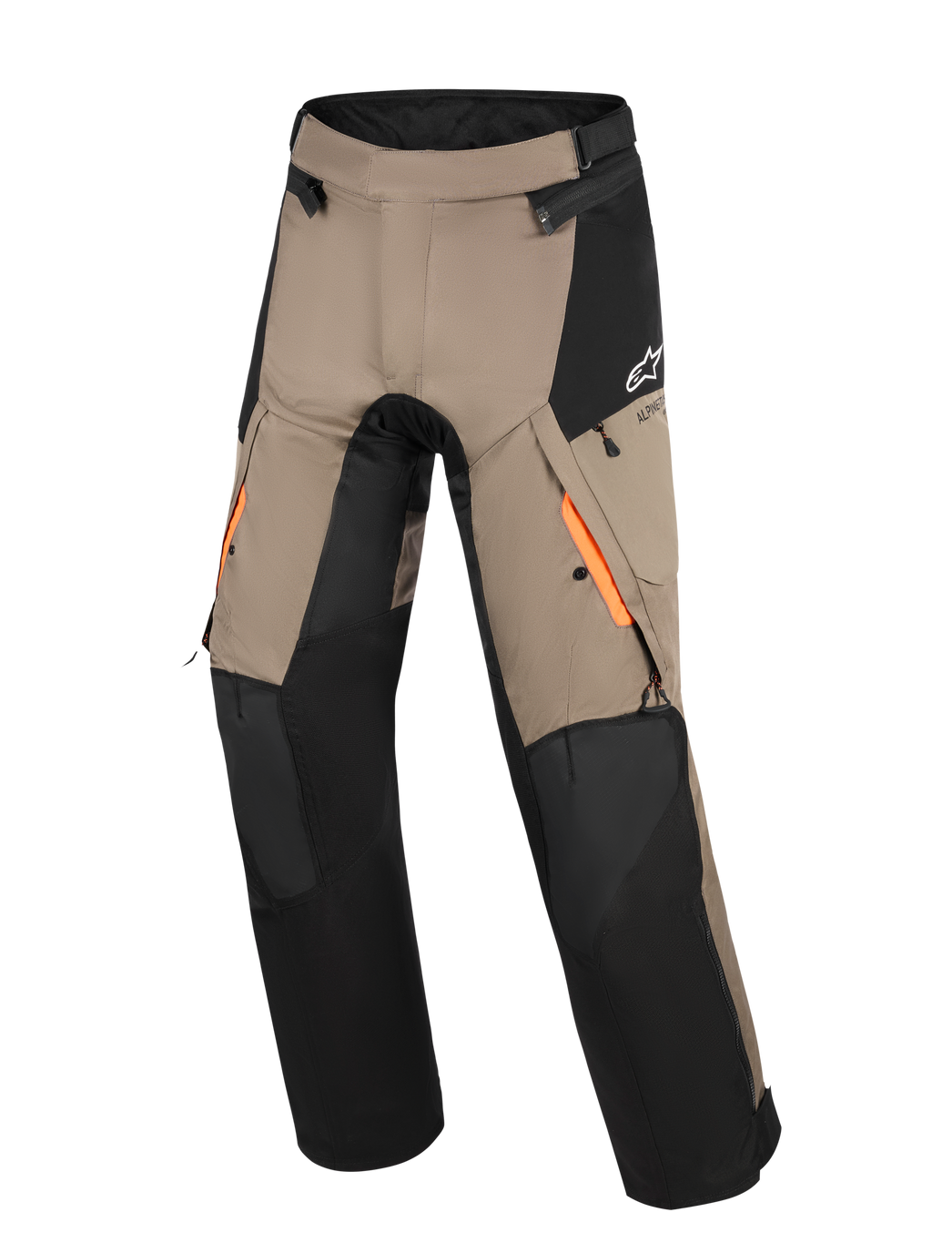 Pantalon Alpinestars Andes V4 Drystar®, pantalon de touring aventure, noyer et noir, avec des accents orange sur les ouvertures de ventilation aux cuisses, des empiècements renforcés aux genoux et des poches cargo résistantes à l'eau.