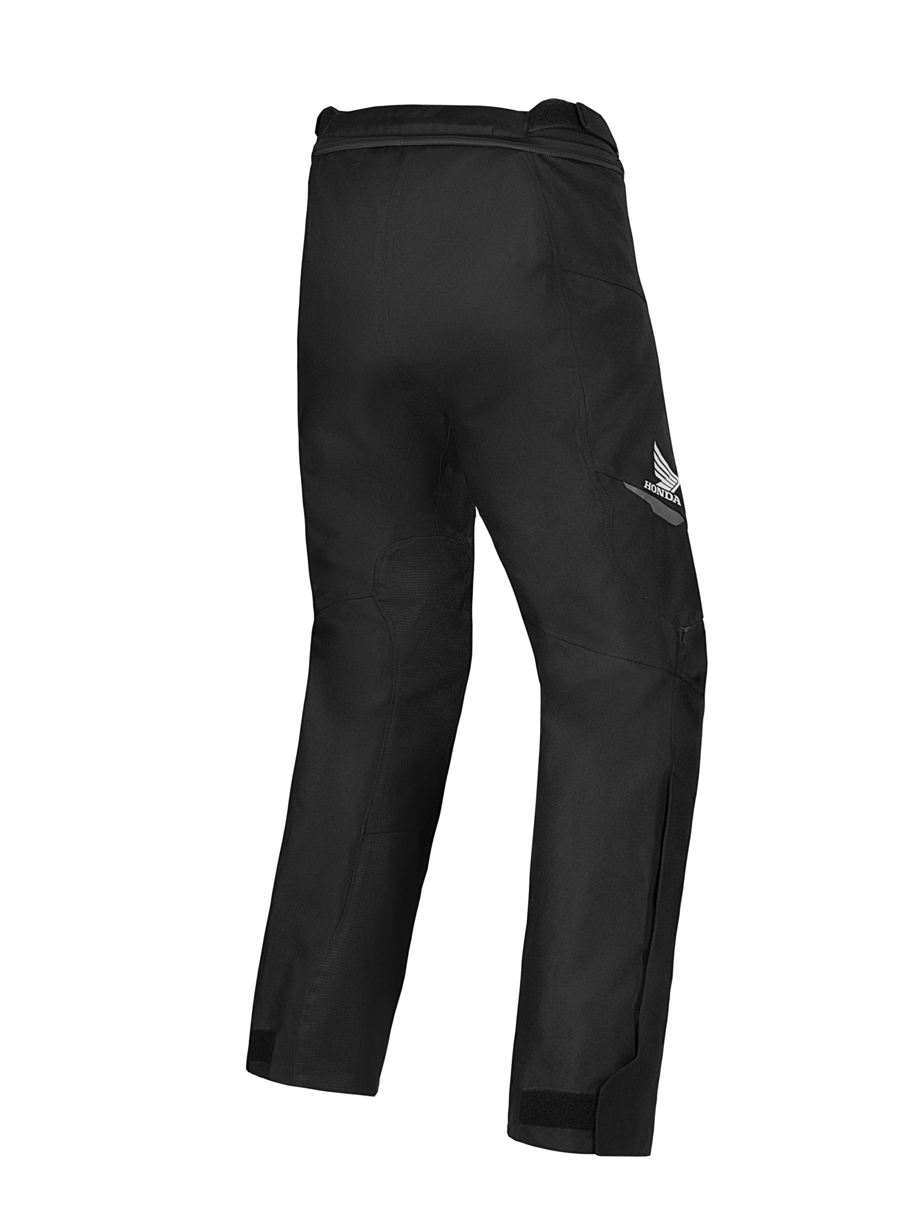 Pantalon imperméable Alpinestars Honda ST-1, pantalon de touring moto, noir, vue arrière montrant le logo ailé Honda sur la cuisse, design textile épuré avec mobilité ergonomique et fermeture éclair de connexion à la taille.