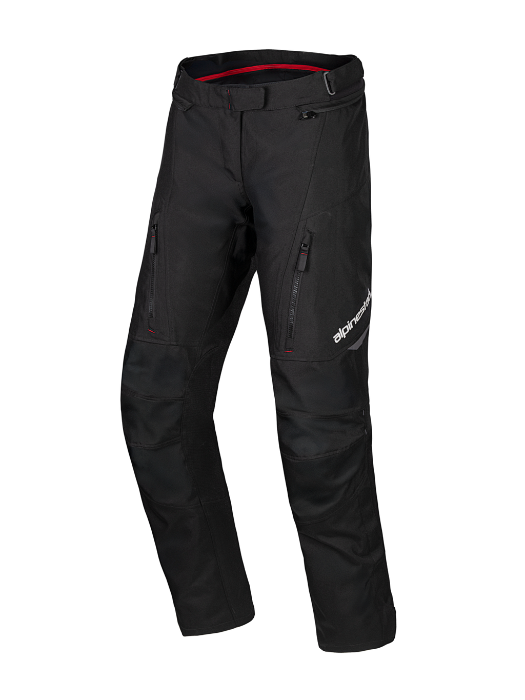Alpinestars Honda ST-1, pantalon de touring moto imperméable, noir avec détails intérieurs rouges, poches cargo zippées sur les cuisses, jambes ergonomiques pré-courbées avec genoux renforcés, équipement d'aventure textile imperméable
