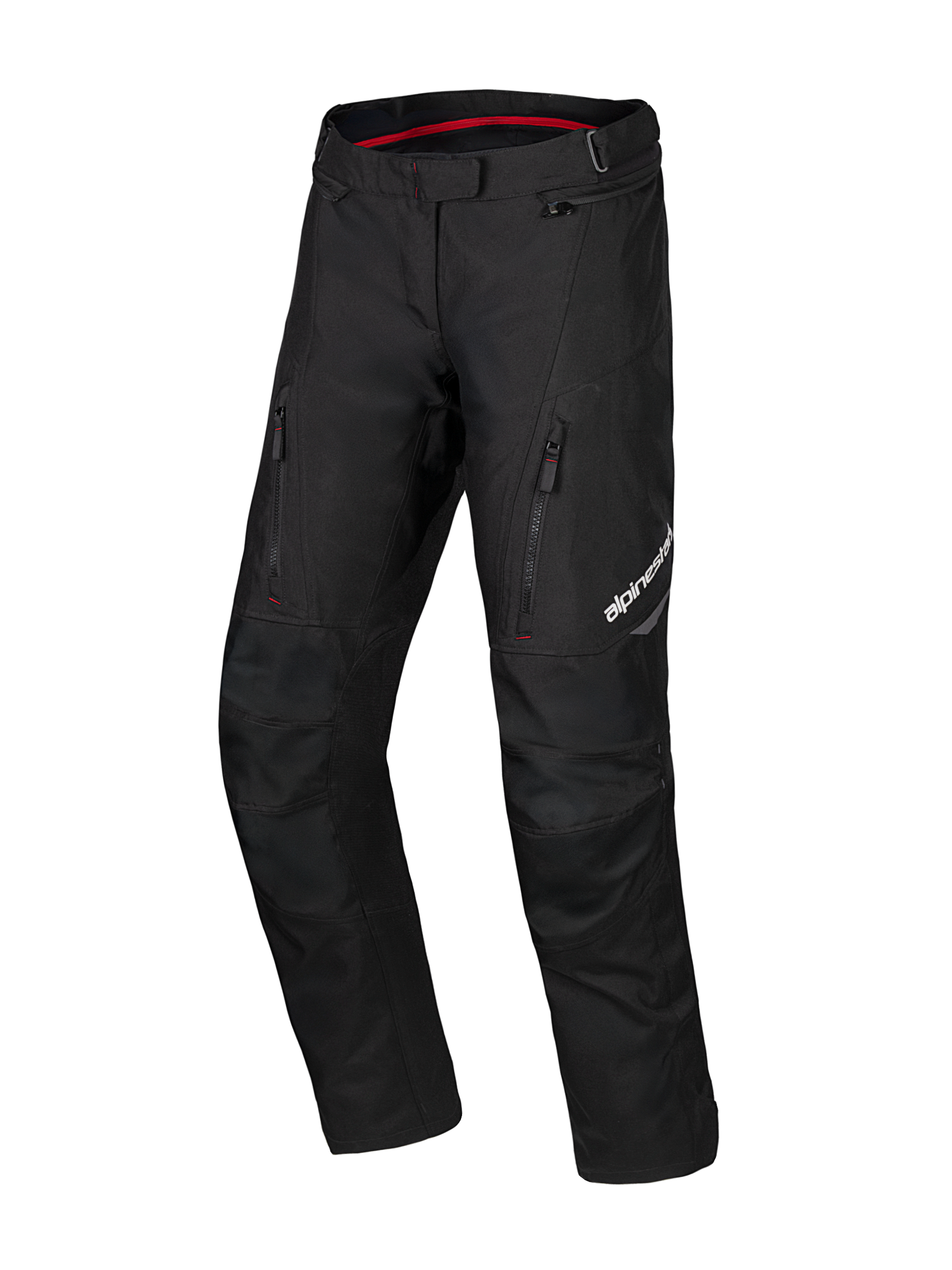 Alpinestars Honda ST-1, pantalon de touring moto imperméable, noir avec détails intérieurs rouges, poches cargo zippées sur les cuisses, jambes ergonomiques pré-courbées avec genoux renforcés, équipement d'aventure textile imperméable