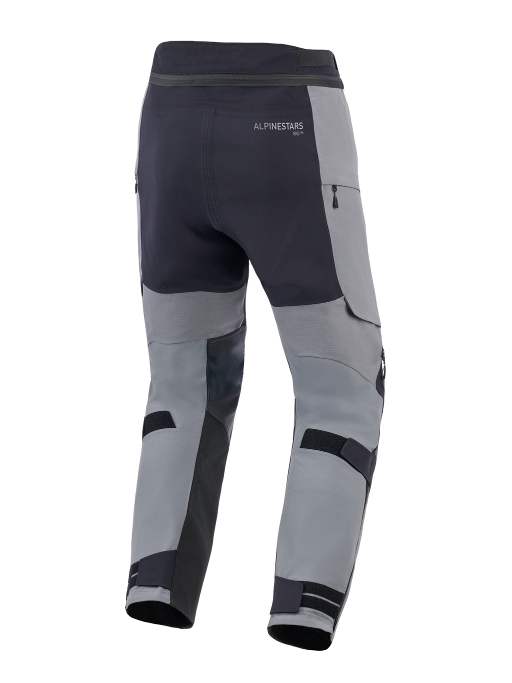 Pantalon Alpinestars Andes Pro Drystar® XF, pantalon de moto d'aventure, gris foncé et noir, vue arrière avec sangles de réglage aux mollets, marquage Alpinestars et détails de fermetures éclair étanches