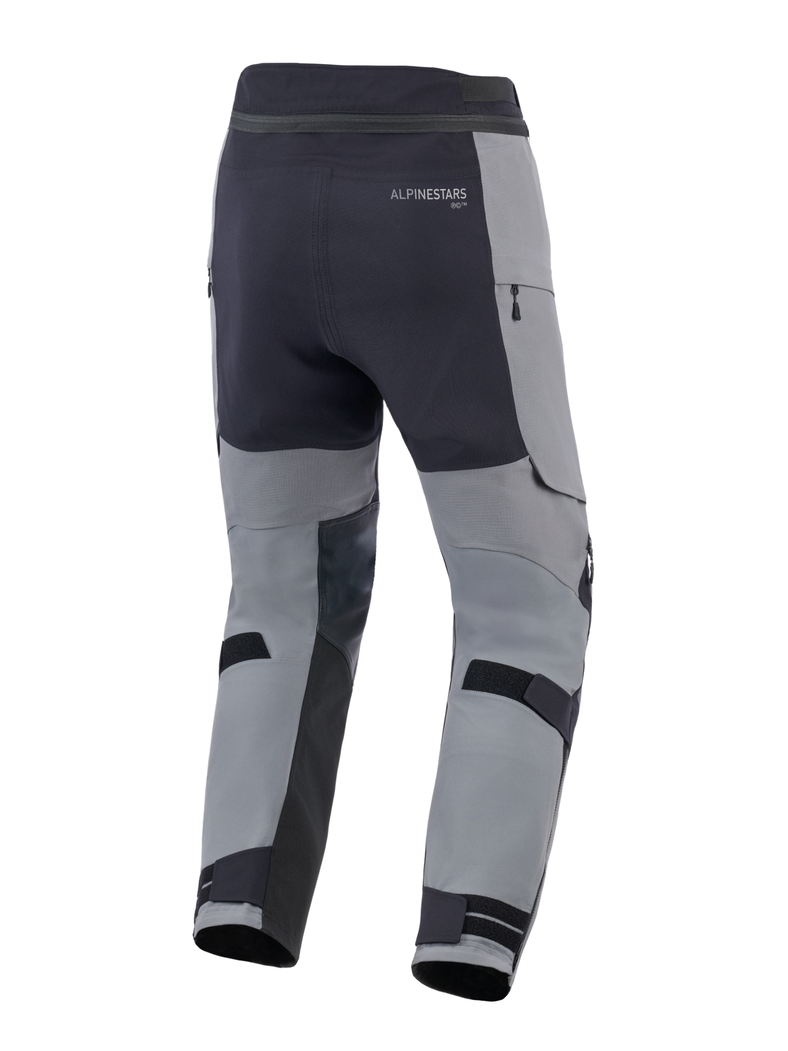 Pantalon Alpinestars Andes Pro Drystar® XF, pantalon de moto d'aventure, gris foncé et noir, vue arrière avec sangles de réglage aux mollets, marquage Alpinestars et détails de fermetures éclair étanches