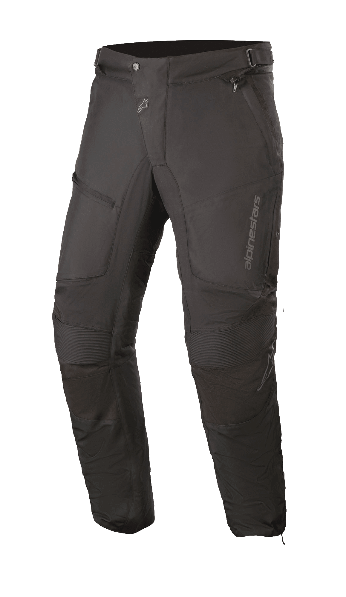 Alpinestars Raider V2 Drystar® Pants, Black Motorcycle Touring Pants, waterproof textile construction with accordion knee panels, zippered pockets, and adjustable waist, durable design for all-weather road riding