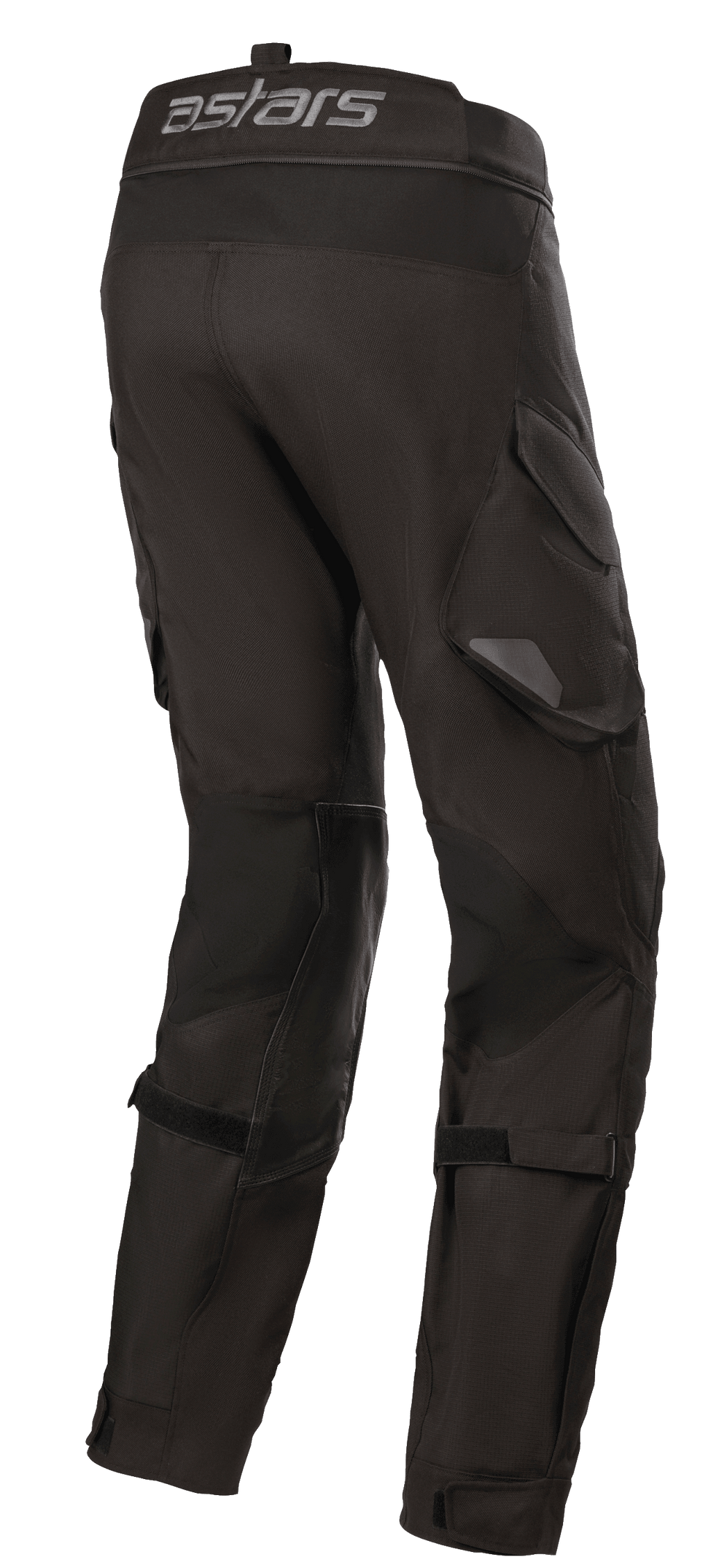 Alpinestars Halo Drystar® Pants, pantalon de moto adventure touring, noir, vue latérale arrière avec le logo astars sur la taille, poches cargo fonctionnelles et sangles réglables sur les jambes pour un maintien optimal.
