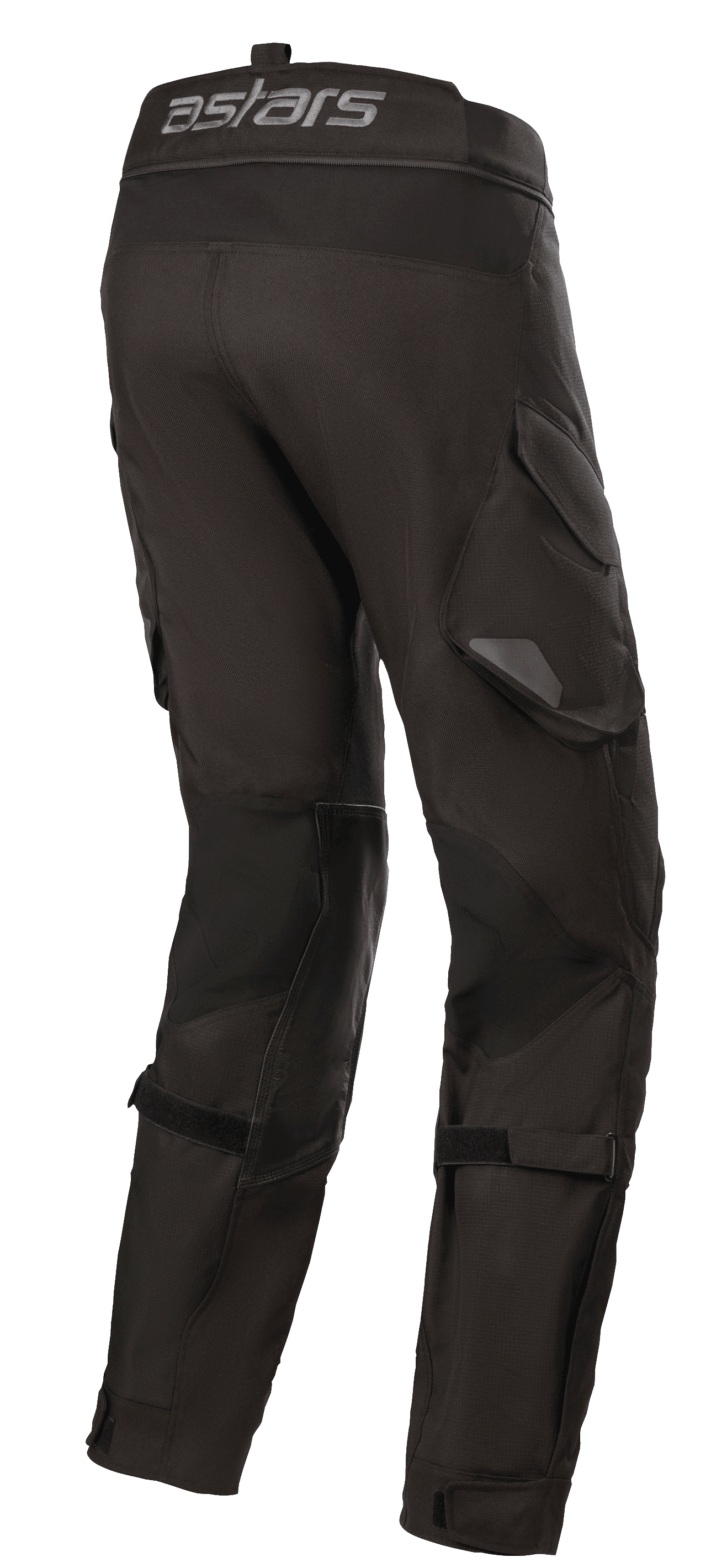 Alpinestars Halo Drystar® Pants, pantalon de moto adventure touring, noir, vue latérale arrière avec le logo astars sur la taille, poches cargo fonctionnelles et sangles réglables sur les jambes pour un maintien optimal.
