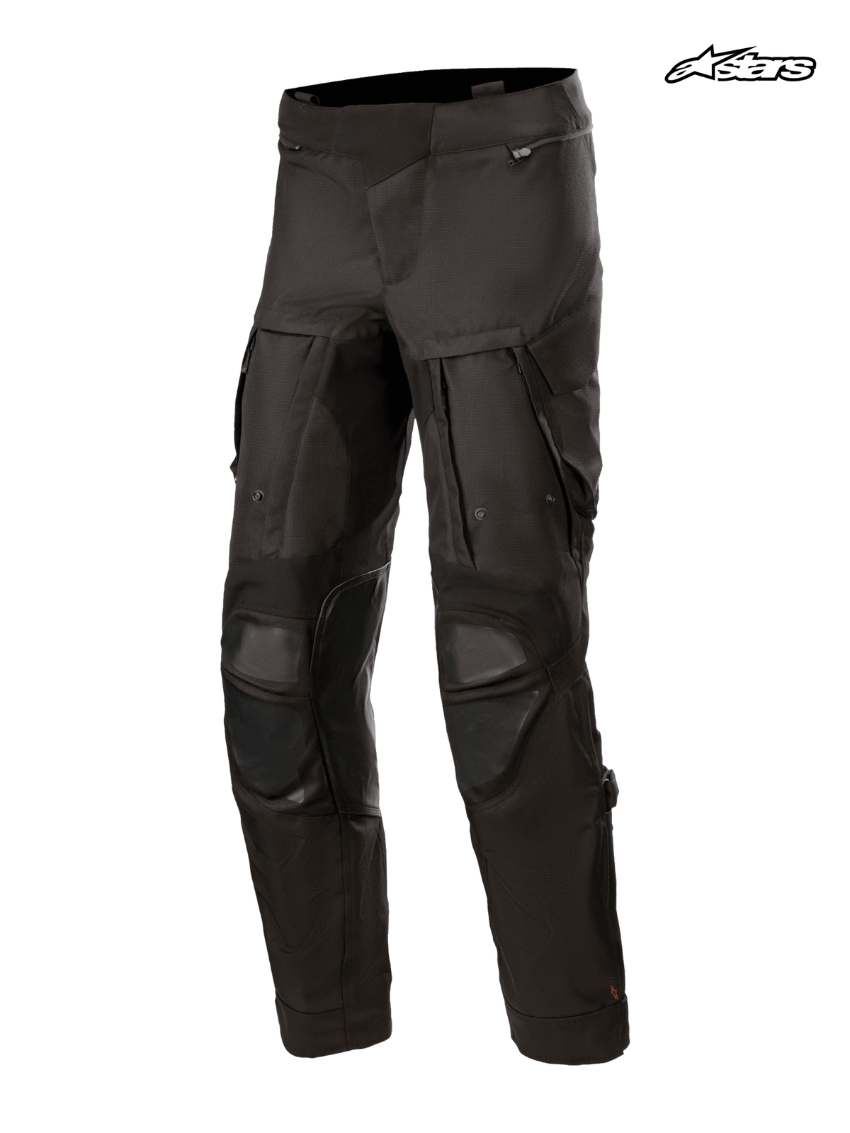 Pantalon Halo Drystar d'Alpinestars, pantalon de moto adventure noir pour homme avec construction en textile et panneaux de ventilation sur les cuisses, vue de face