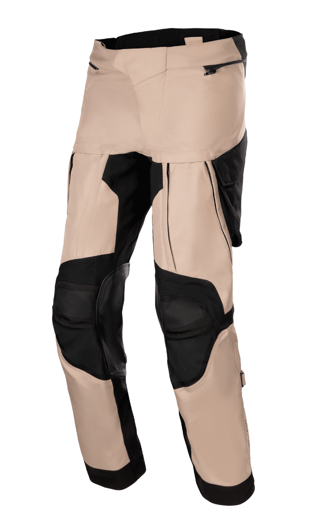 Alpinestars Halo Drystar Pants, pantalon de moto adventure touring, kaki foncé et noir, avec de larges panneaux de ventilation sur les cuisses, sections renforcées noires aux genoux et construction textile multi-panneaux avec poches zippées