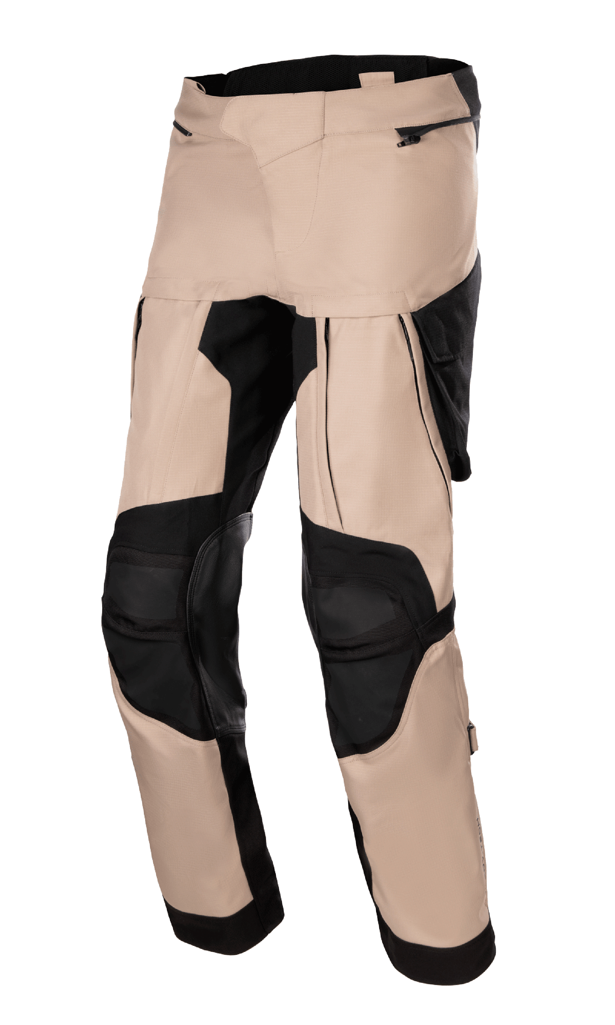 Alpinestars Halo Drystar Pants, pantalon de moto adventure touring, kaki foncé et noir, avec de larges panneaux de ventilation sur les cuisses, sections renforcées noires aux genoux et construction textile multi-panneaux avec poches zippées