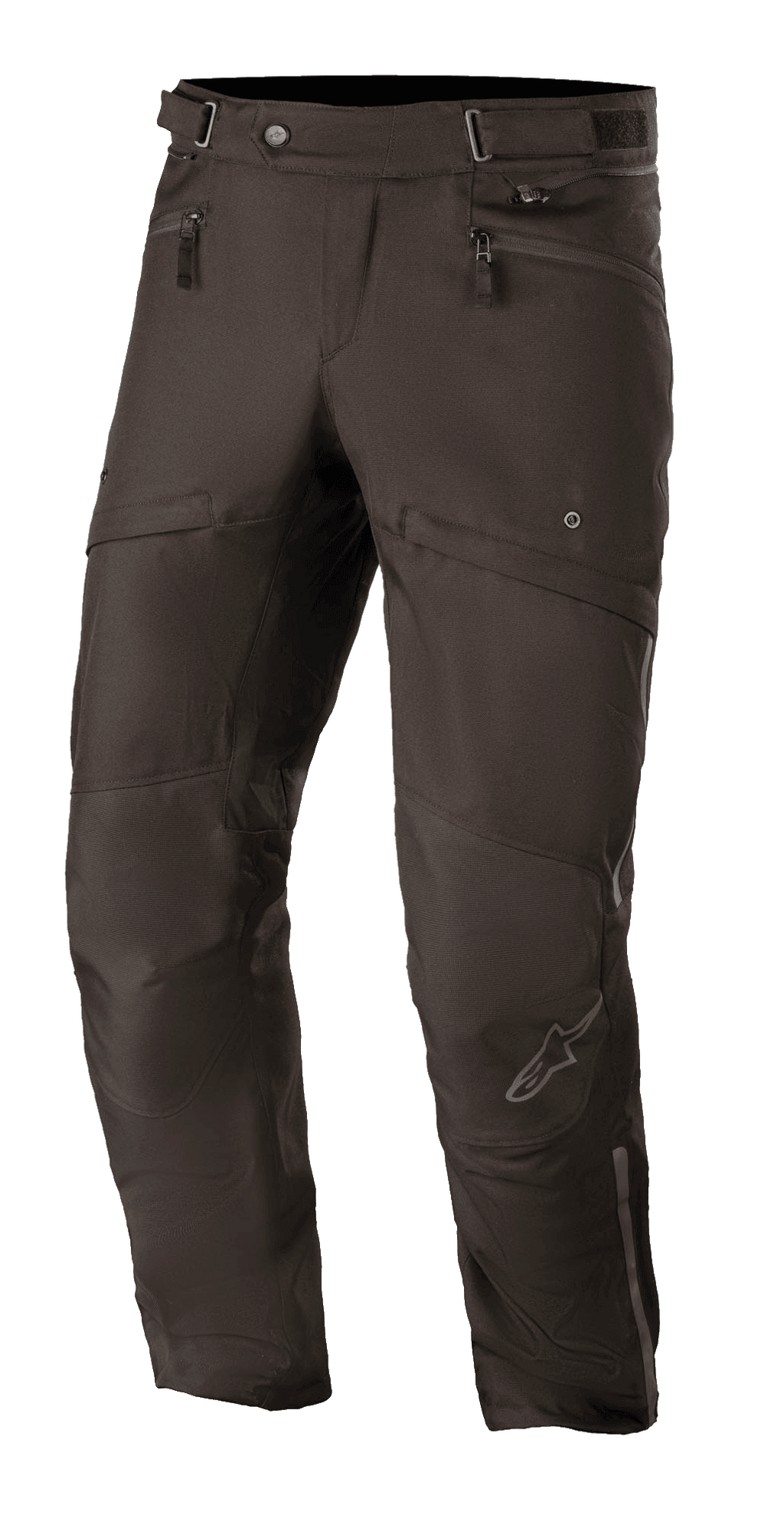 Alpinestars AST-1 V2 Waterproof Pants, Black, Motorcycle Touring Pants, durable textile fabric, zippered hand pockets, adjustable waist belt, articulated knee design with subtle star logo, sleek all-weather riding gear